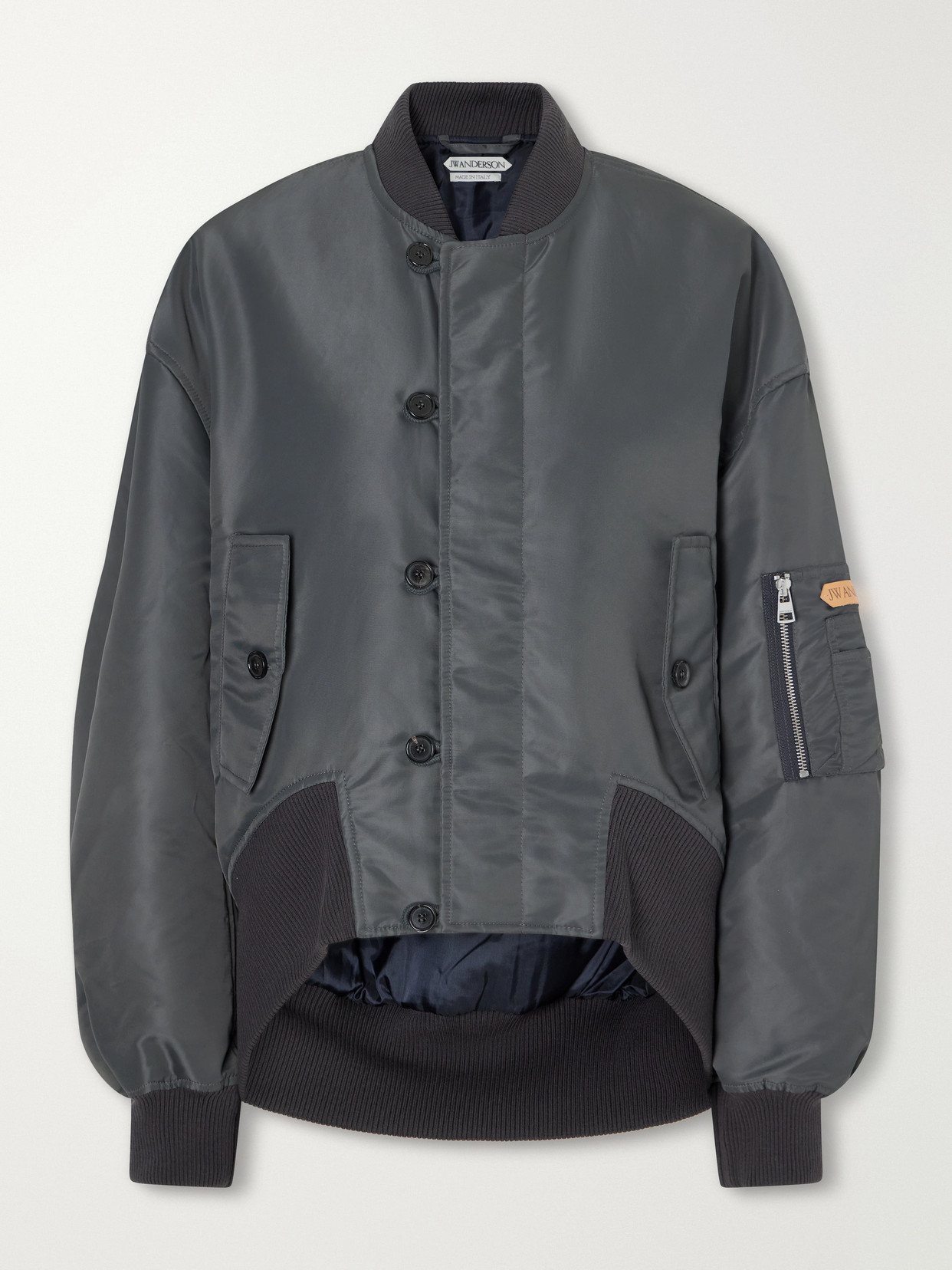 Oversized Tipped Hem Rib-Trimmed Satin Bomber Jacket