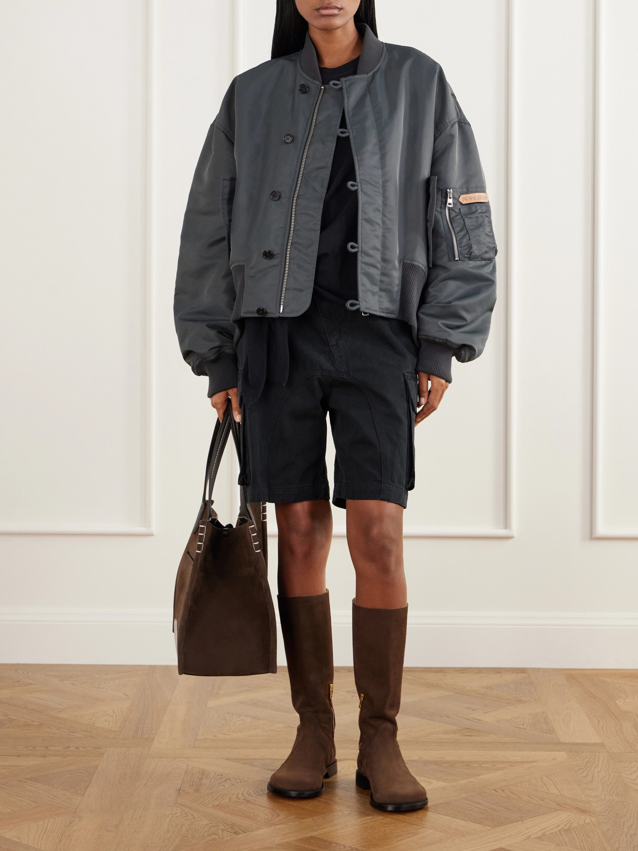 Oversized Tipped Hem Rib-Trimmed Satin Bomber Jacket