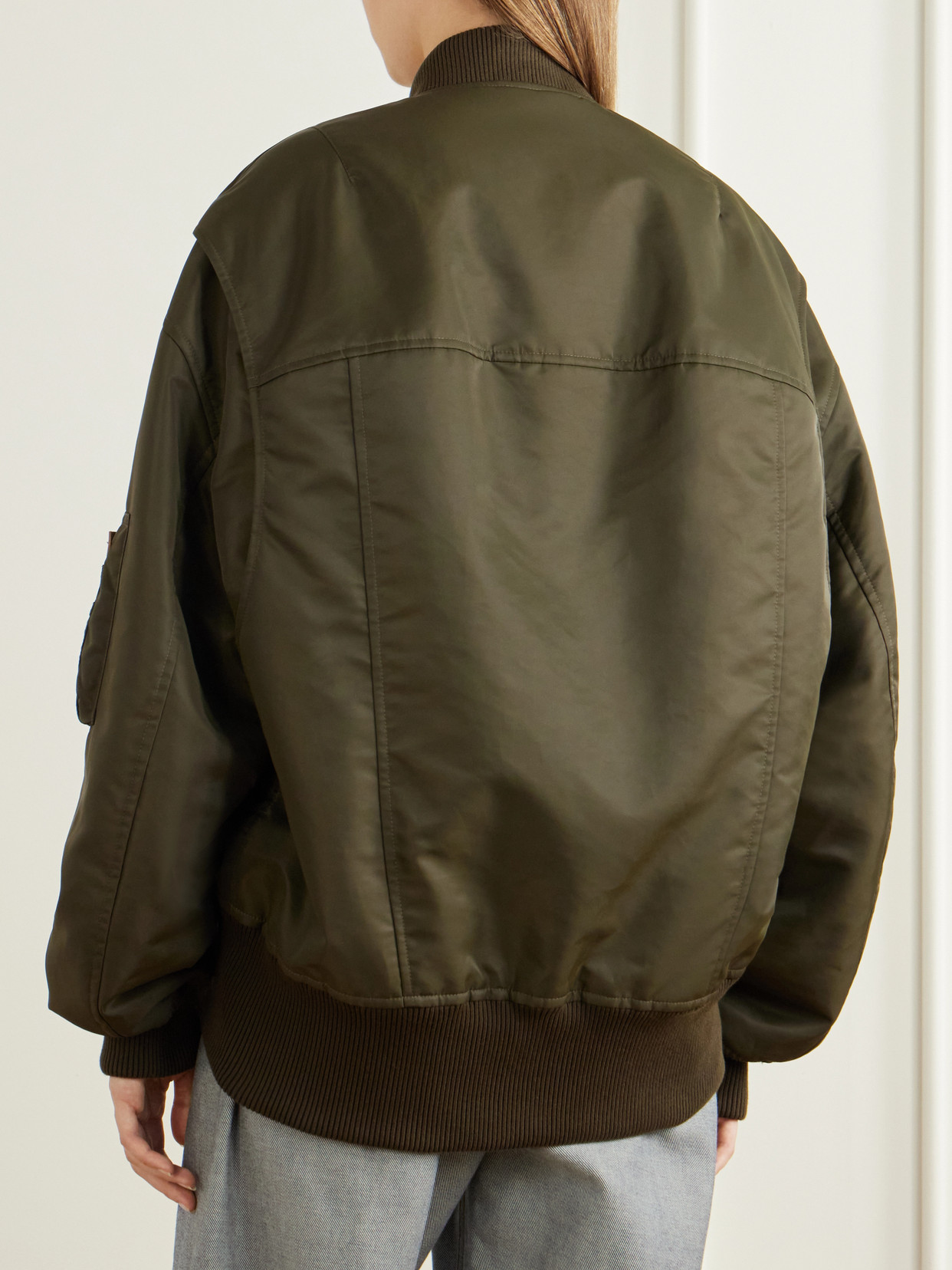 Oversized Tipped Hem Rib-Trimmed Satin Bomber Jacket