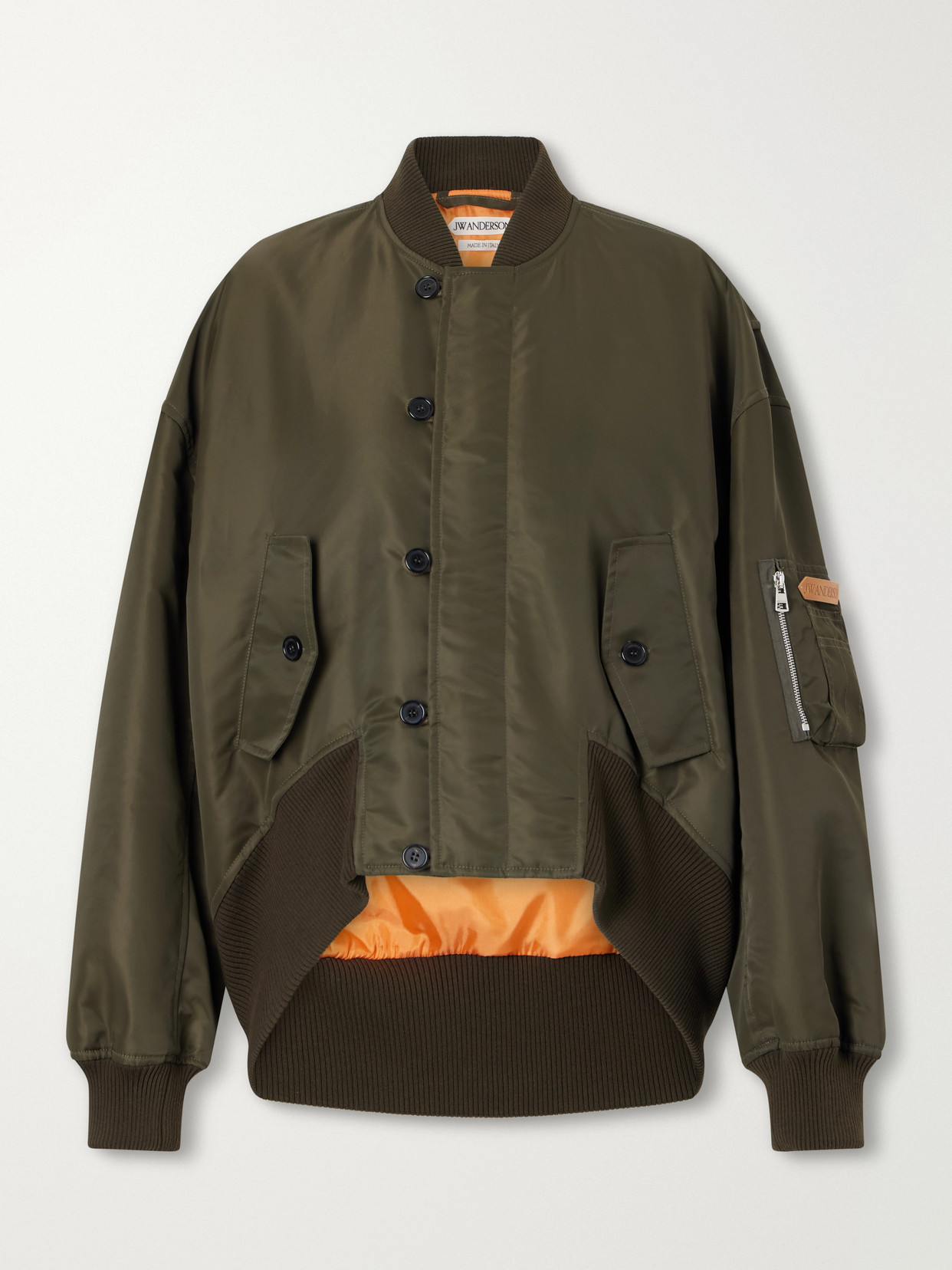 Oversized Tipped Hem Rib-Trimmed Satin Bomber Jacket
