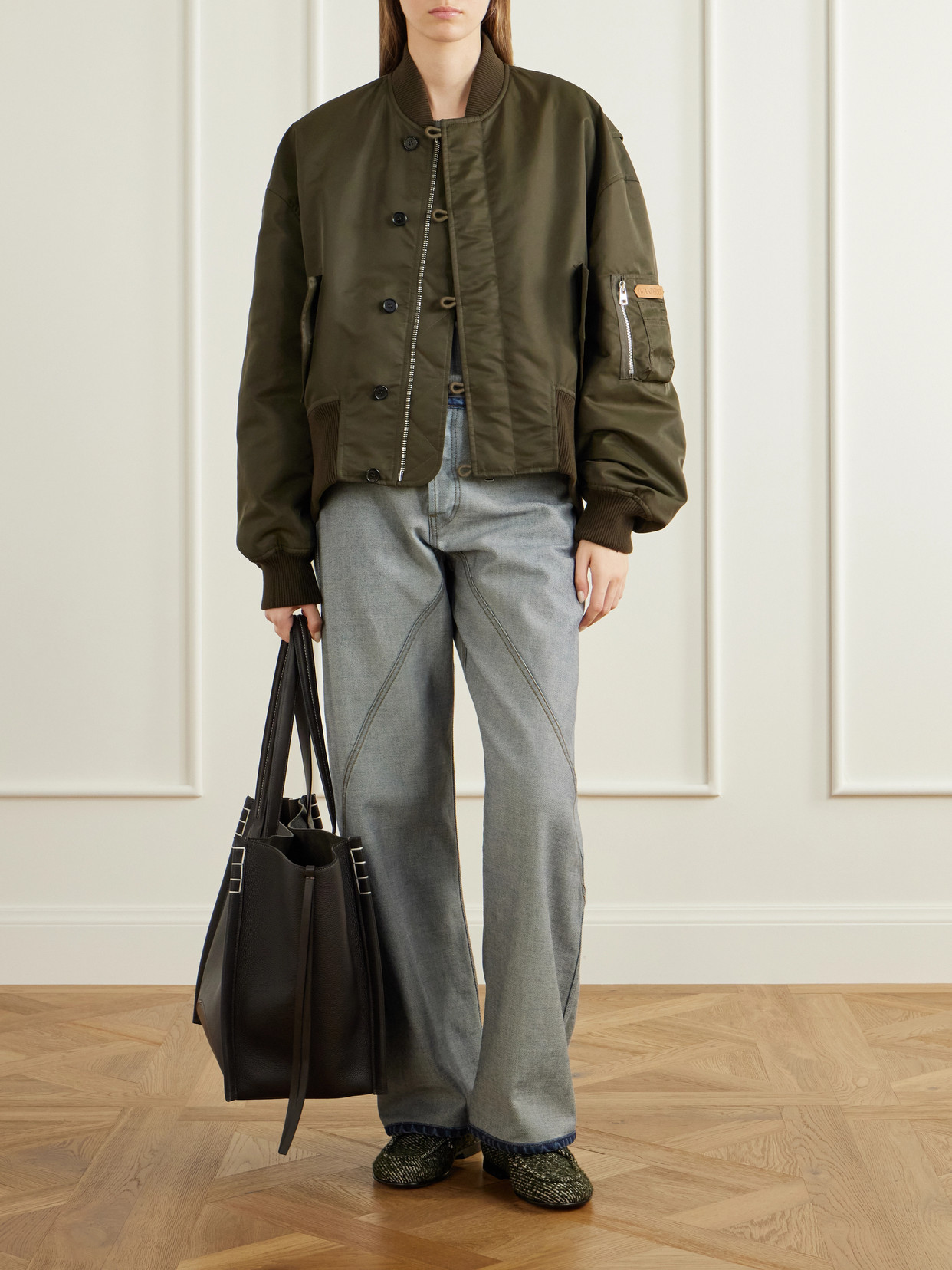Oversized Tipped Hem Rib-Trimmed Satin Bomber Jacket