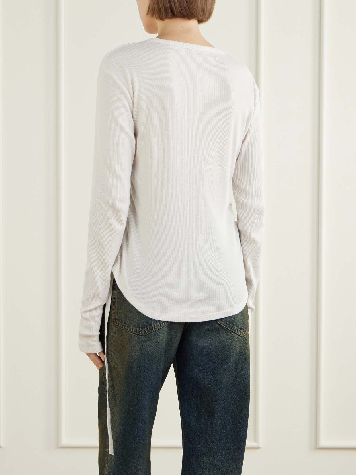 Dot Gathered Ribbed Cotton T-Shirt