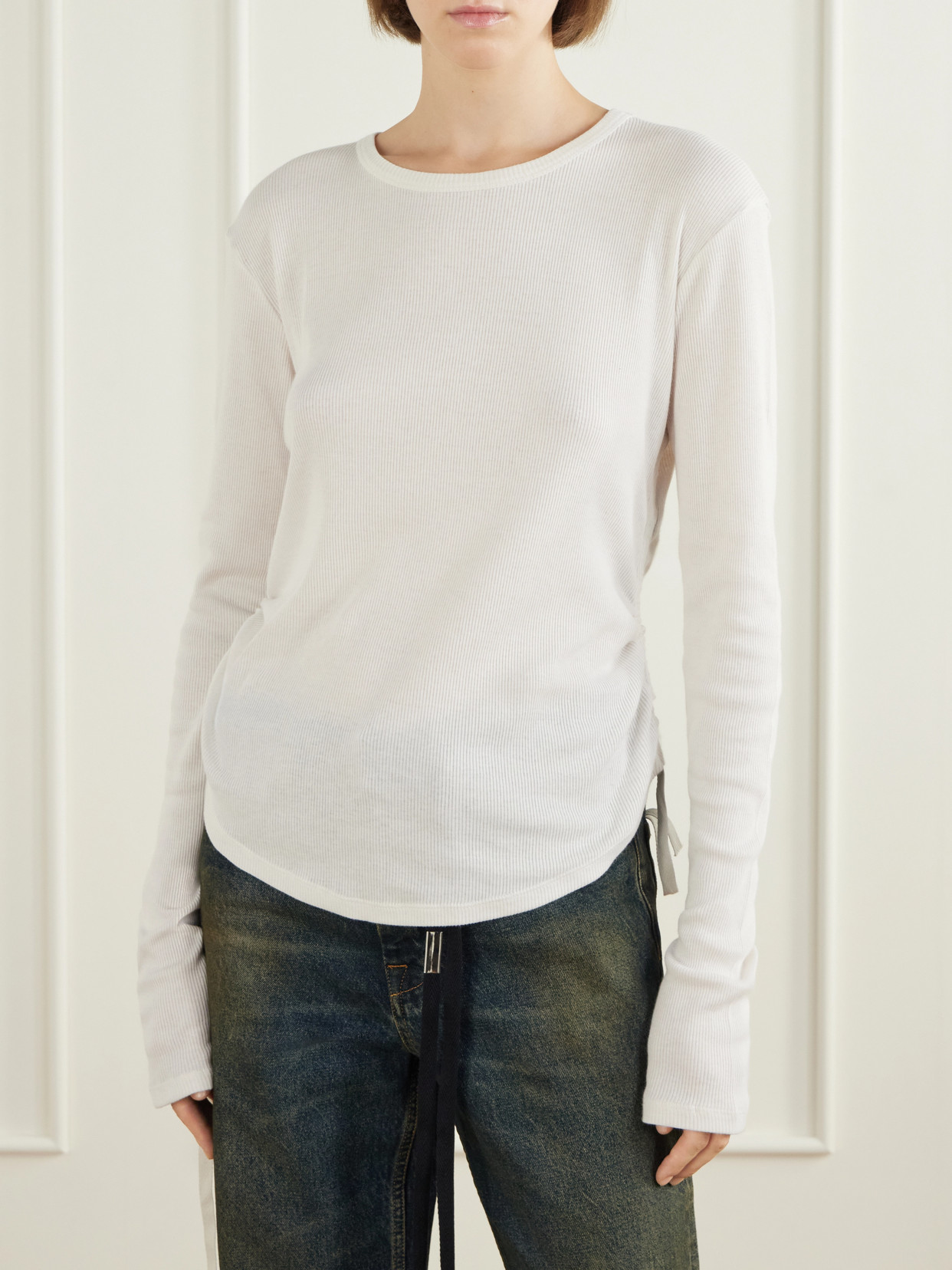 Dot Gathered Ribbed Cotton T-Shirt