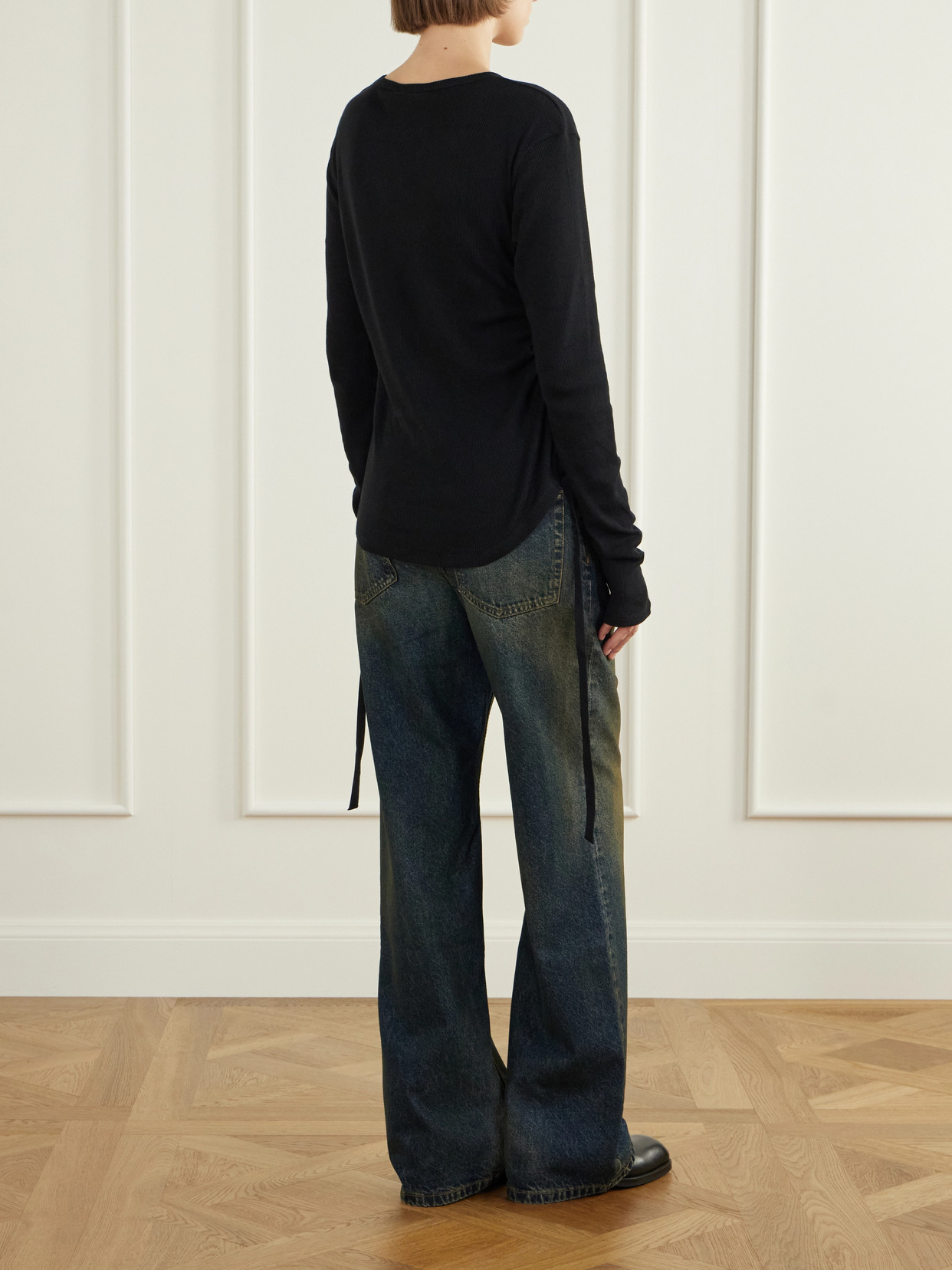 Dot Gathered Ribbed Cotton T-Shirt