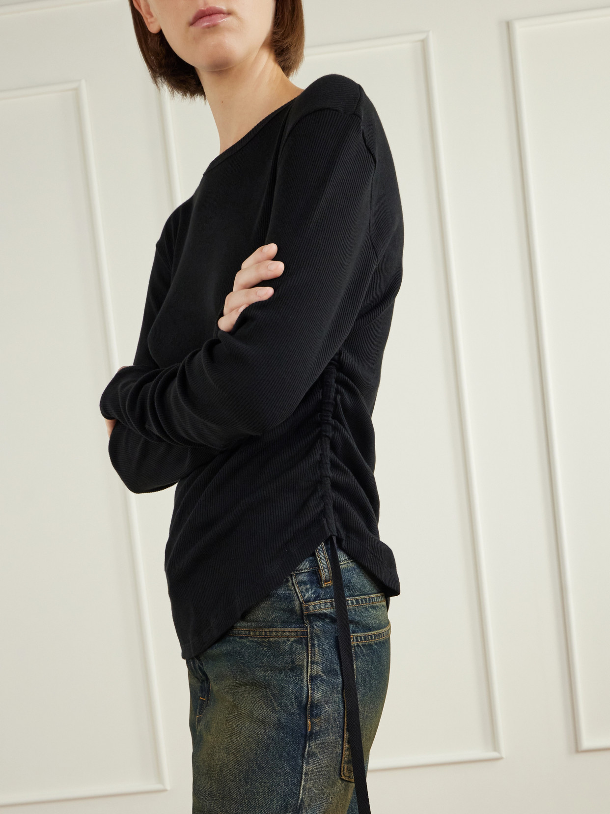 Dot Gathered Ribbed Cotton T-Shirt