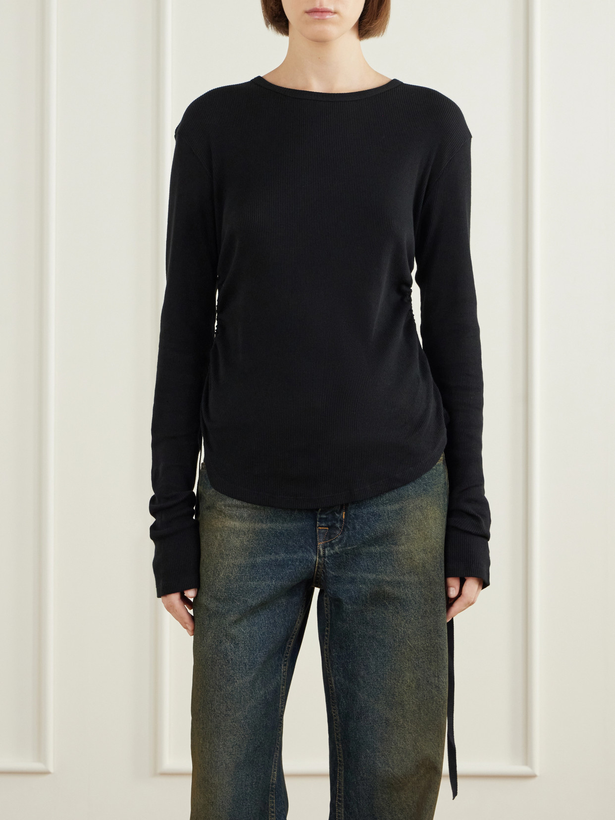Dot Gathered Ribbed Cotton T-Shirt