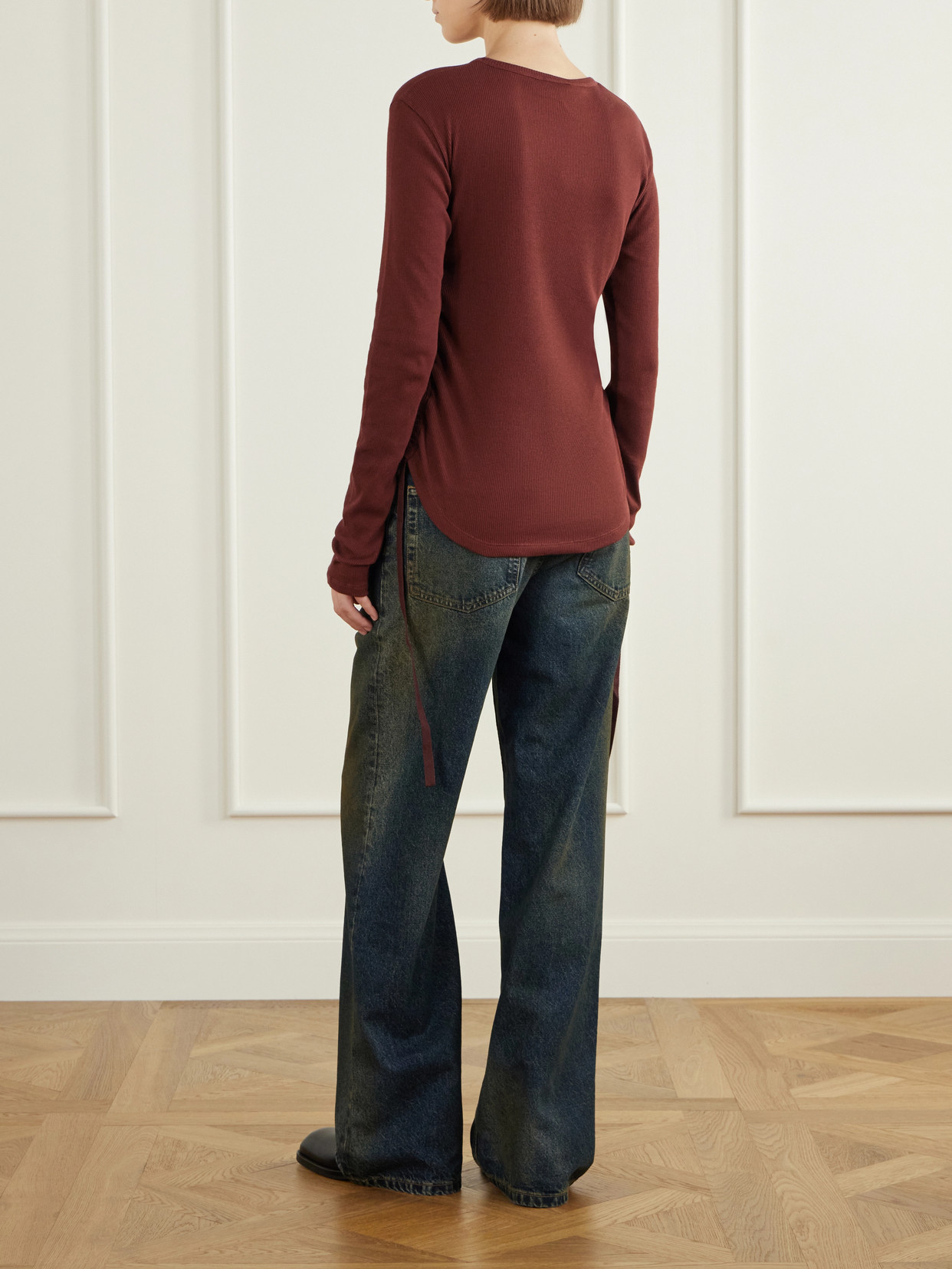Dot Gathered Ribbed Cotton T-Shirt
