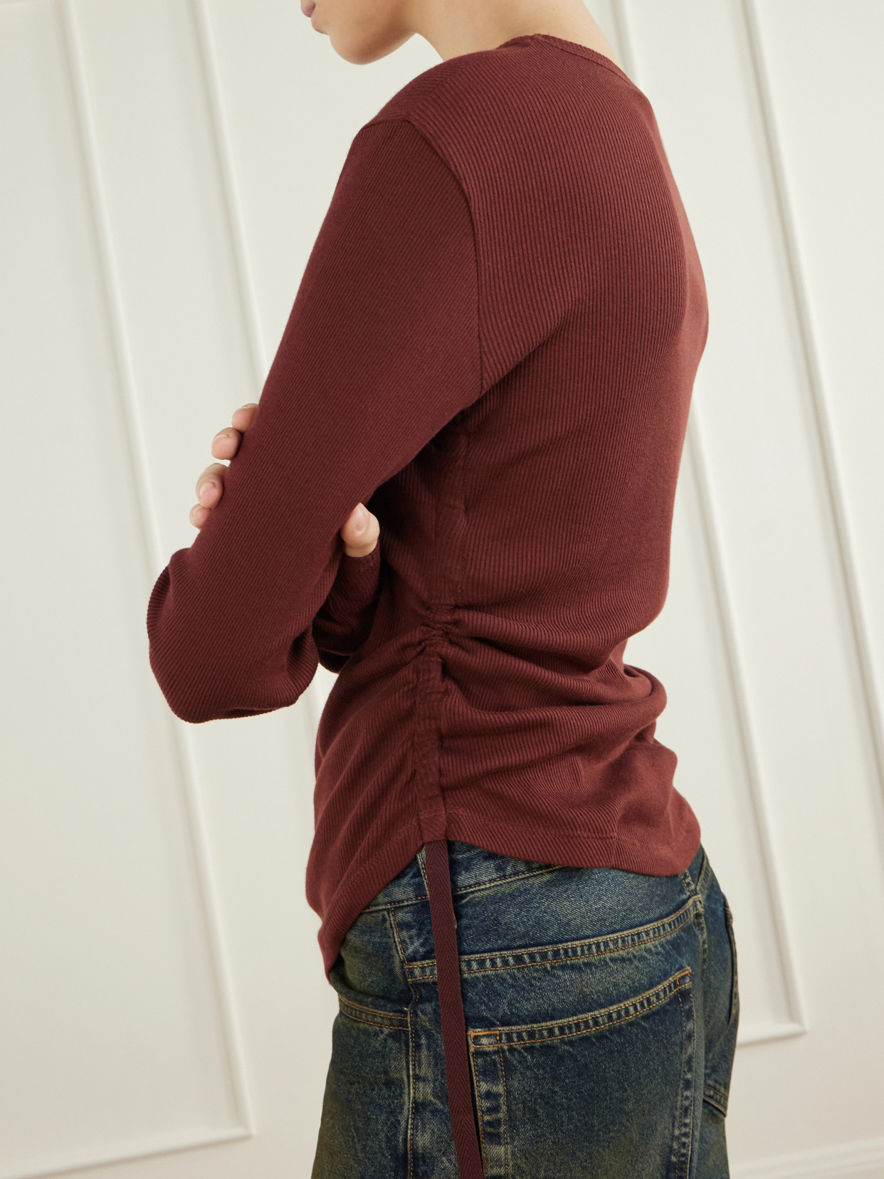 Dot Gathered Ribbed Cotton T-Shirt