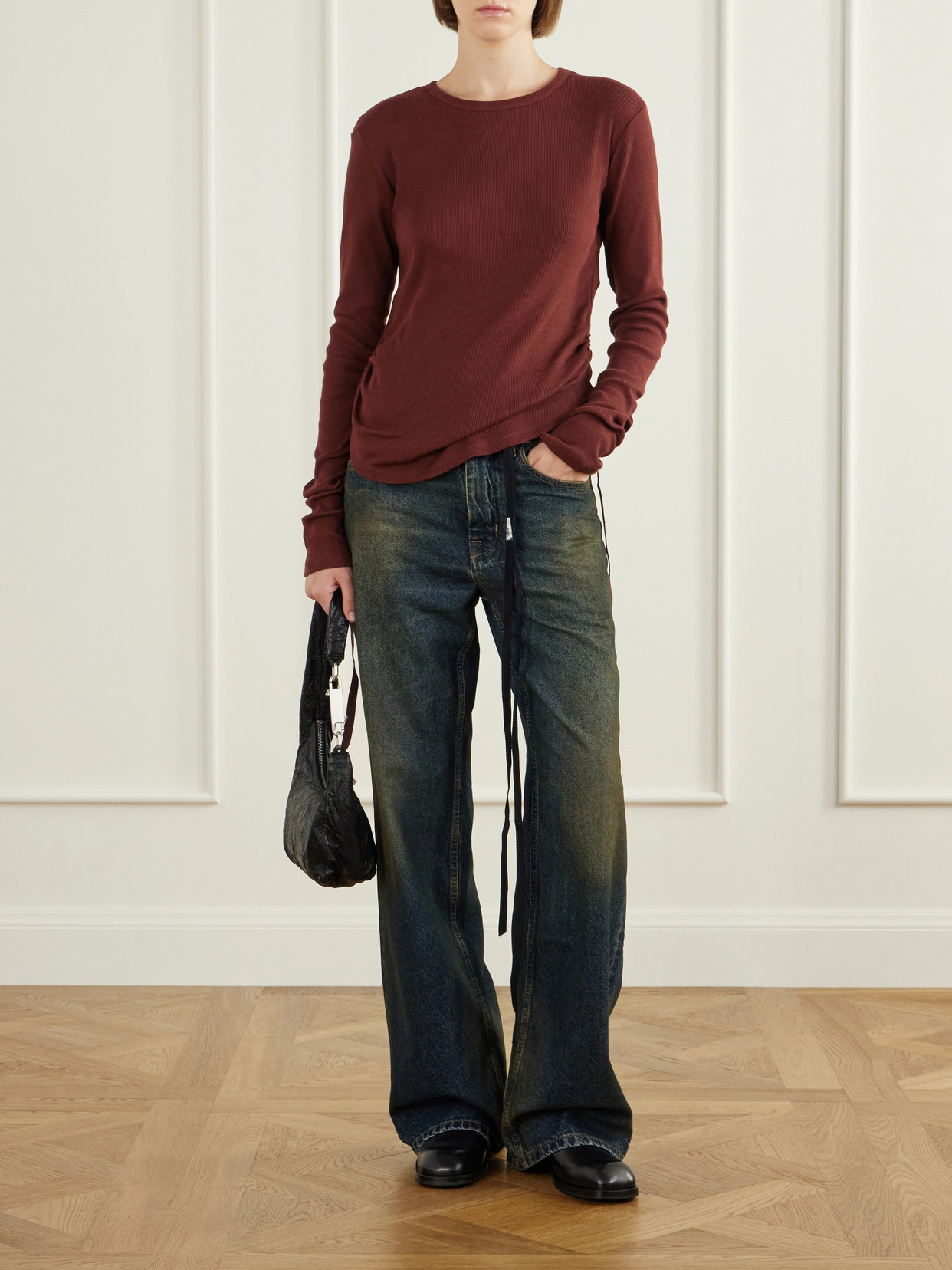 Dot Gathered Ribbed Cotton T-Shirt