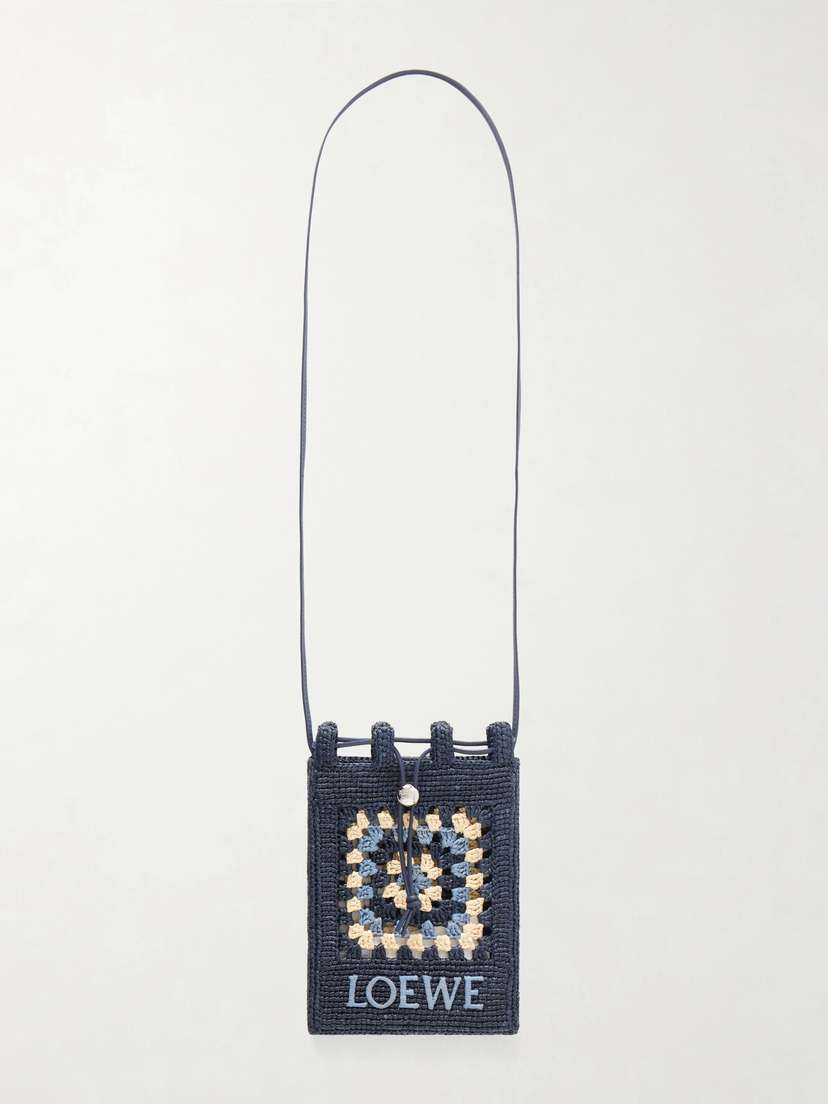 Loewe + Paula's Ibiza Logo-embroidered Leather-trimmed Crocheted Raffia Bucket Bag