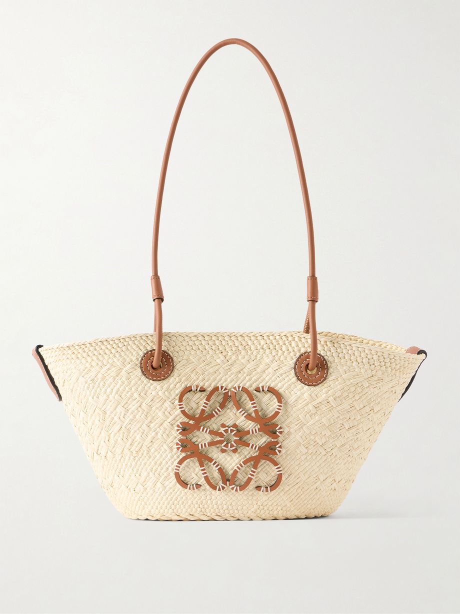 + Paula's Ibiza Anagram Basket leather-trimmed raffia shoulder bag