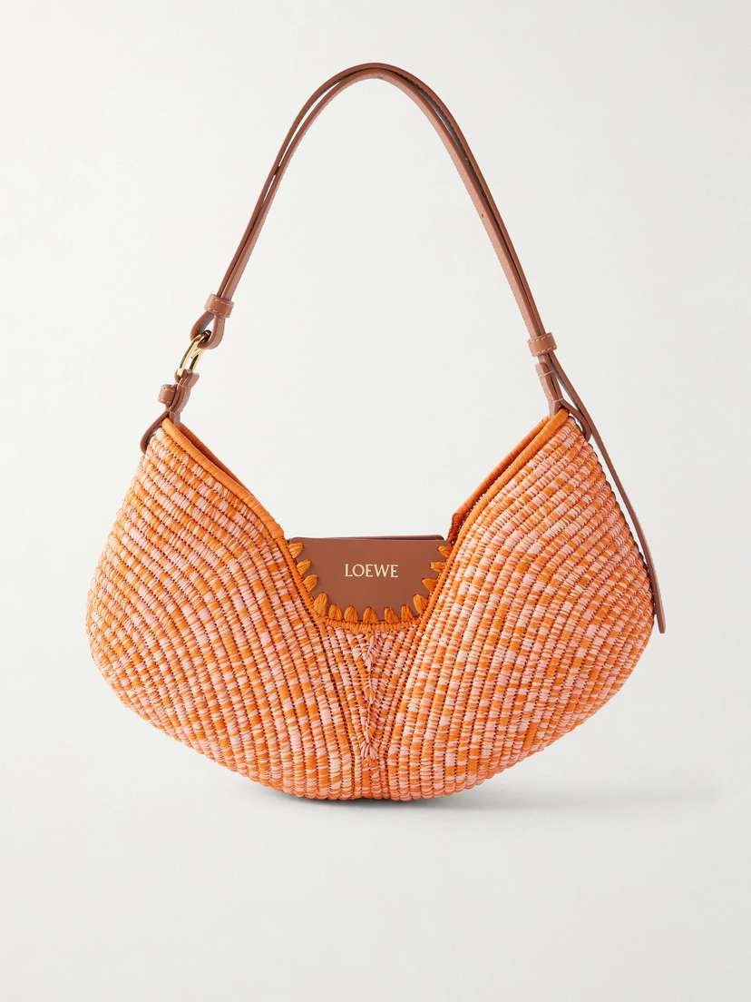 Loewe + Paula's Ibiza Swing Medium Leather-trimmed Raffia Shoulder Bag