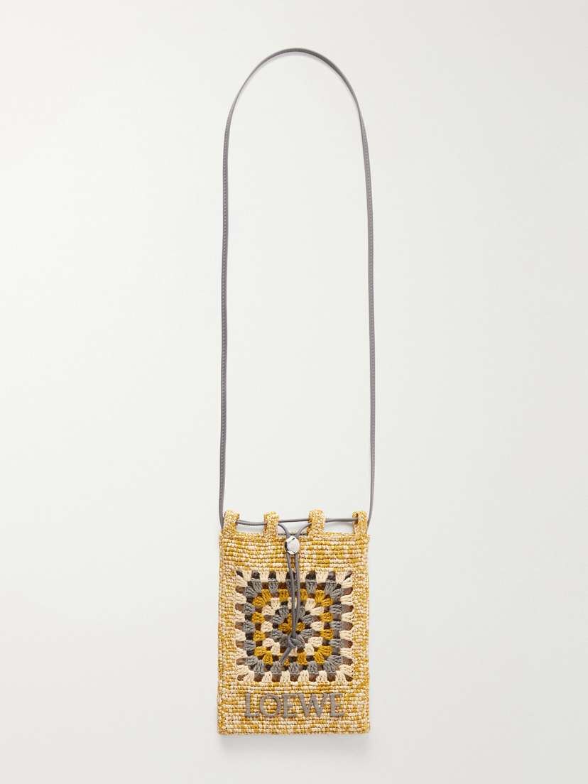 Loewe + Paula's Ibiza Leather-trimmed Crocheted Raffia Bucket Bag