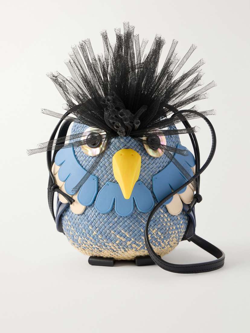 Loewe + Paula's Ibiza Leather-trimmed Woven Raffia Shoulder Bag