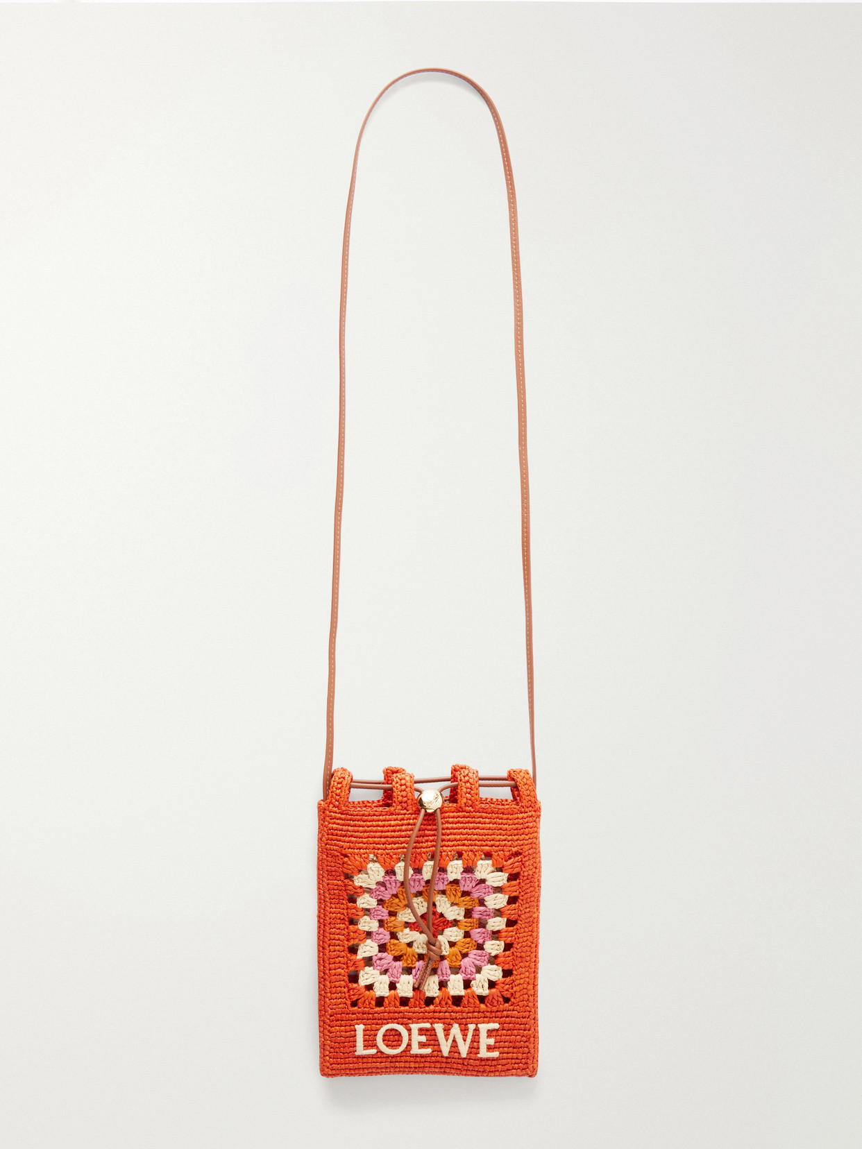 Loewe + Paula's Ibiza Logo-trimmed Leather-trimmed Crocheted Raffia Bucket Bag In Orange
