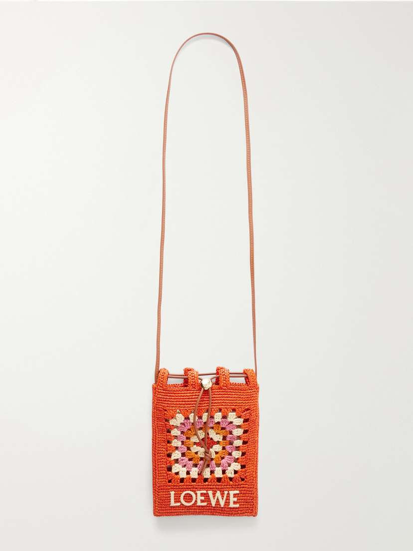 Loewe + Paula's Ibiza Logo-trimmed Leather-trimmed Crocheted Raffia Bucket Bag
