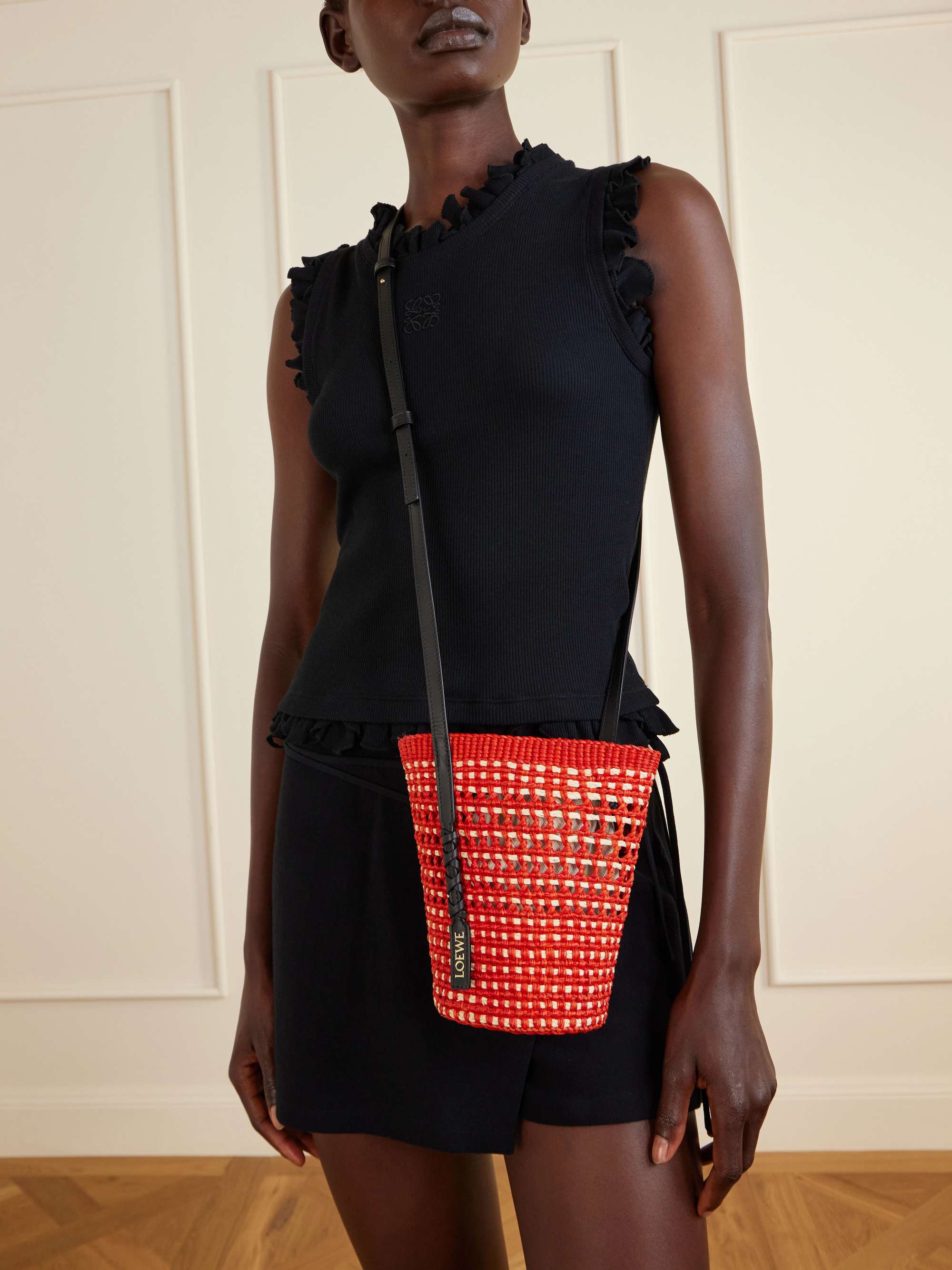 LOEWE + Paula's Ibiza Braid leather-trimmed raffia shoulder bag LOEWE + Paula's Ibiza Braid leather-trimmed raffia shoulder bag