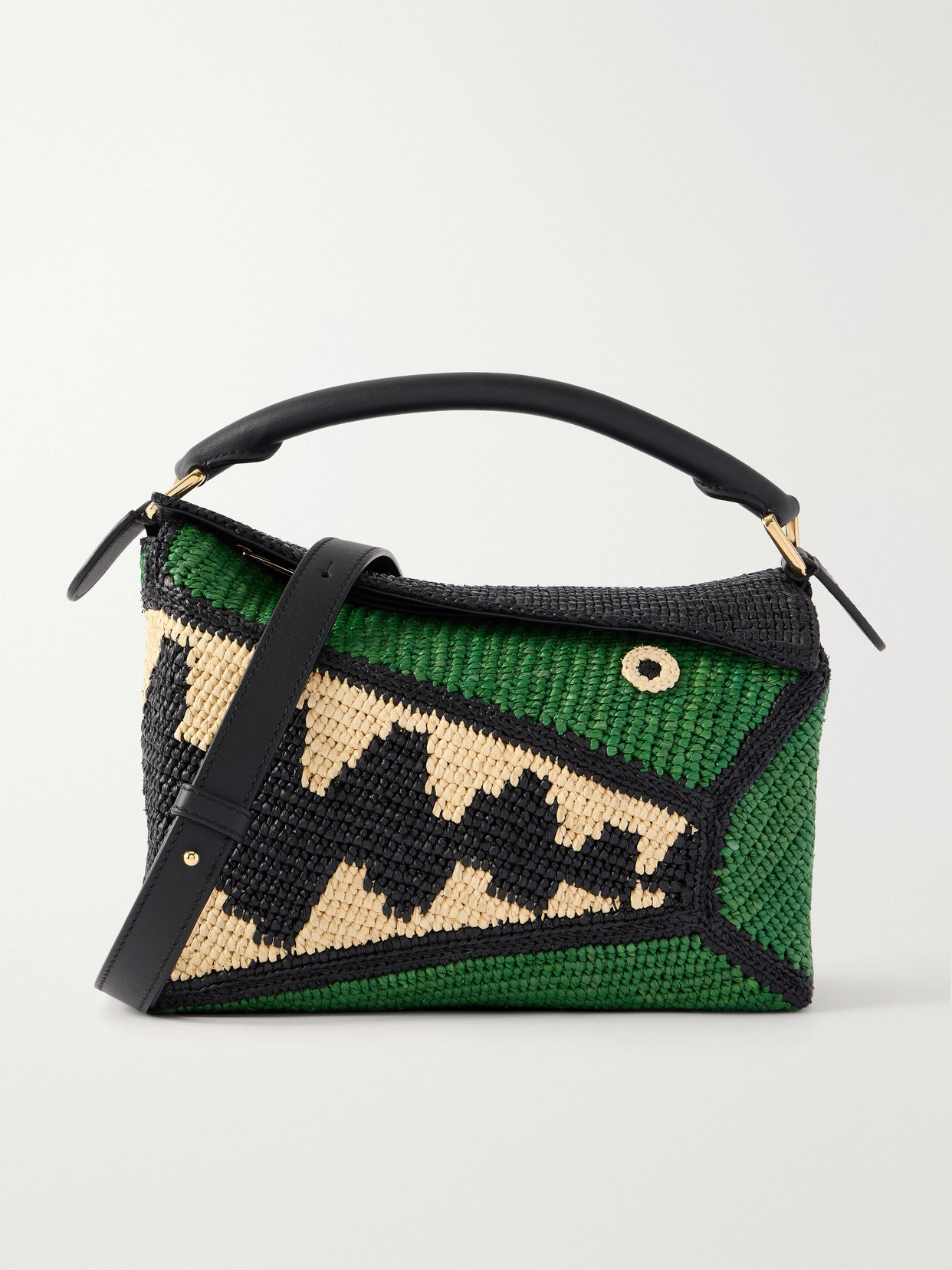 LOEWE - + Paula's Ibiza Puzzle Edge Crocodile Leather-trimmed Raffia Shoulder Bag - Green