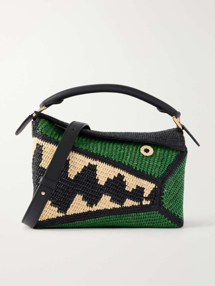Loewe + Paula's Ibiza Puzzle Edge Crocodile Leather-trimmed Raffia Shoulder Bag