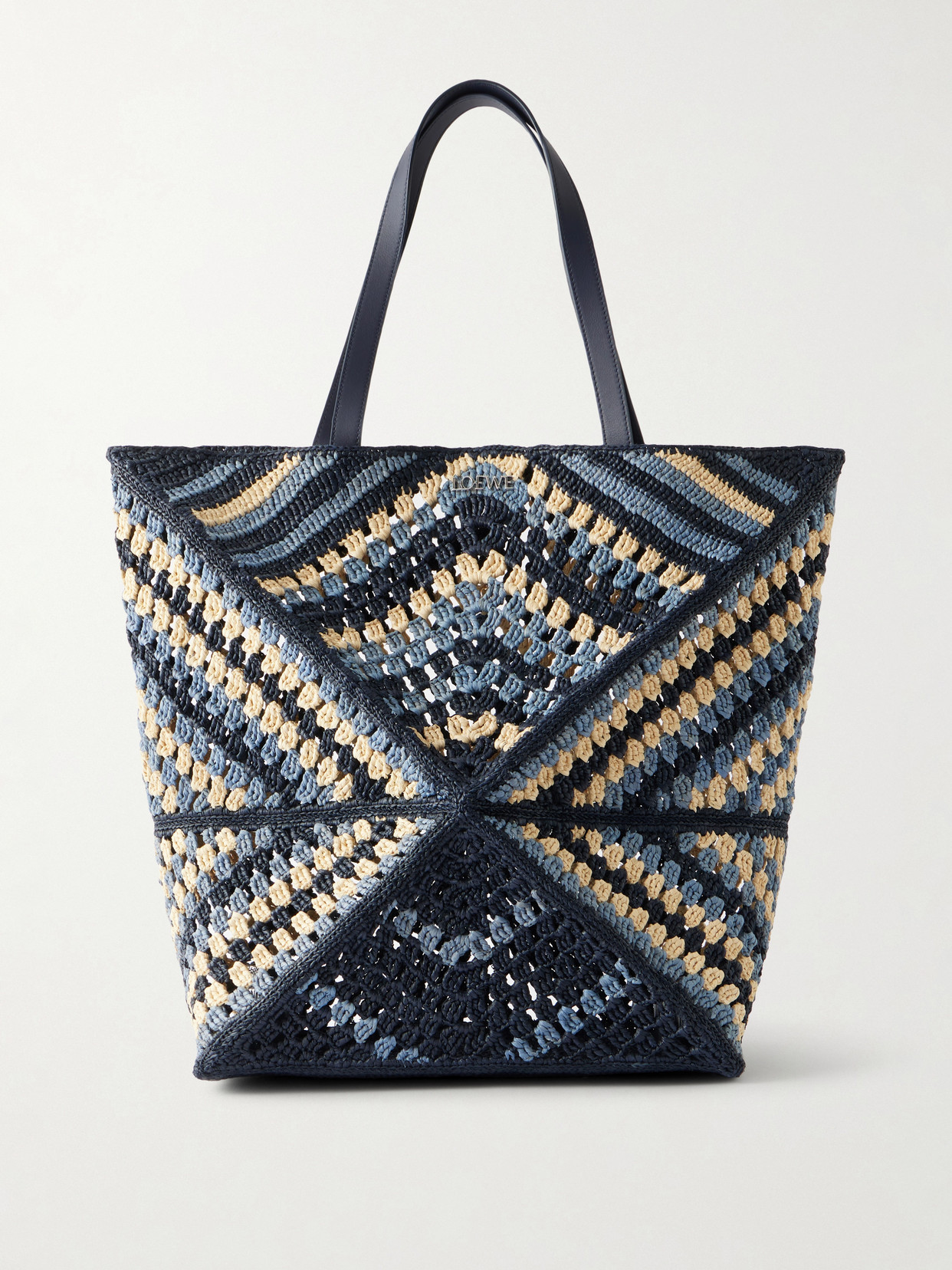 Loewe + Paula's Ibiza Puzzle Fold Large Leather-trimmed Raffia Shoulder Bag In Blue