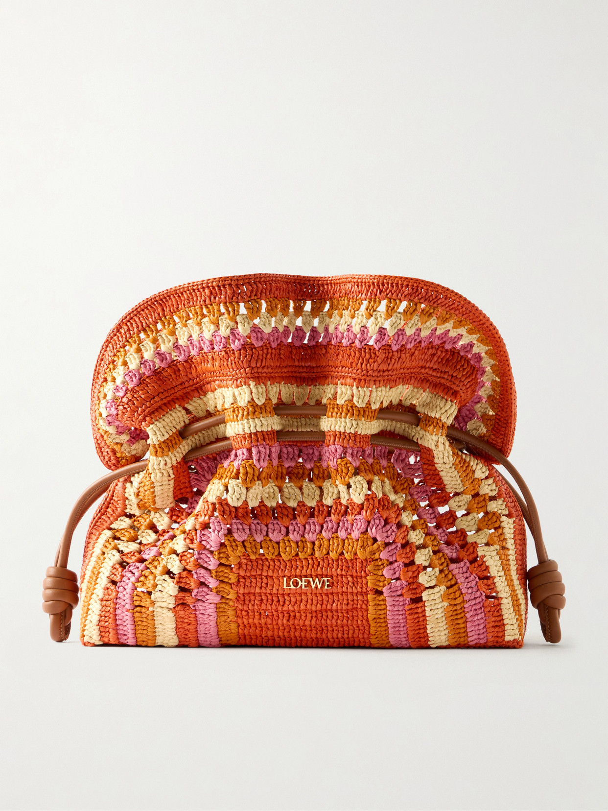 Loewe + Paula's Ibiza Flamenco Mini Leather-trimmed Crocheted Raffia Clutch In Brown