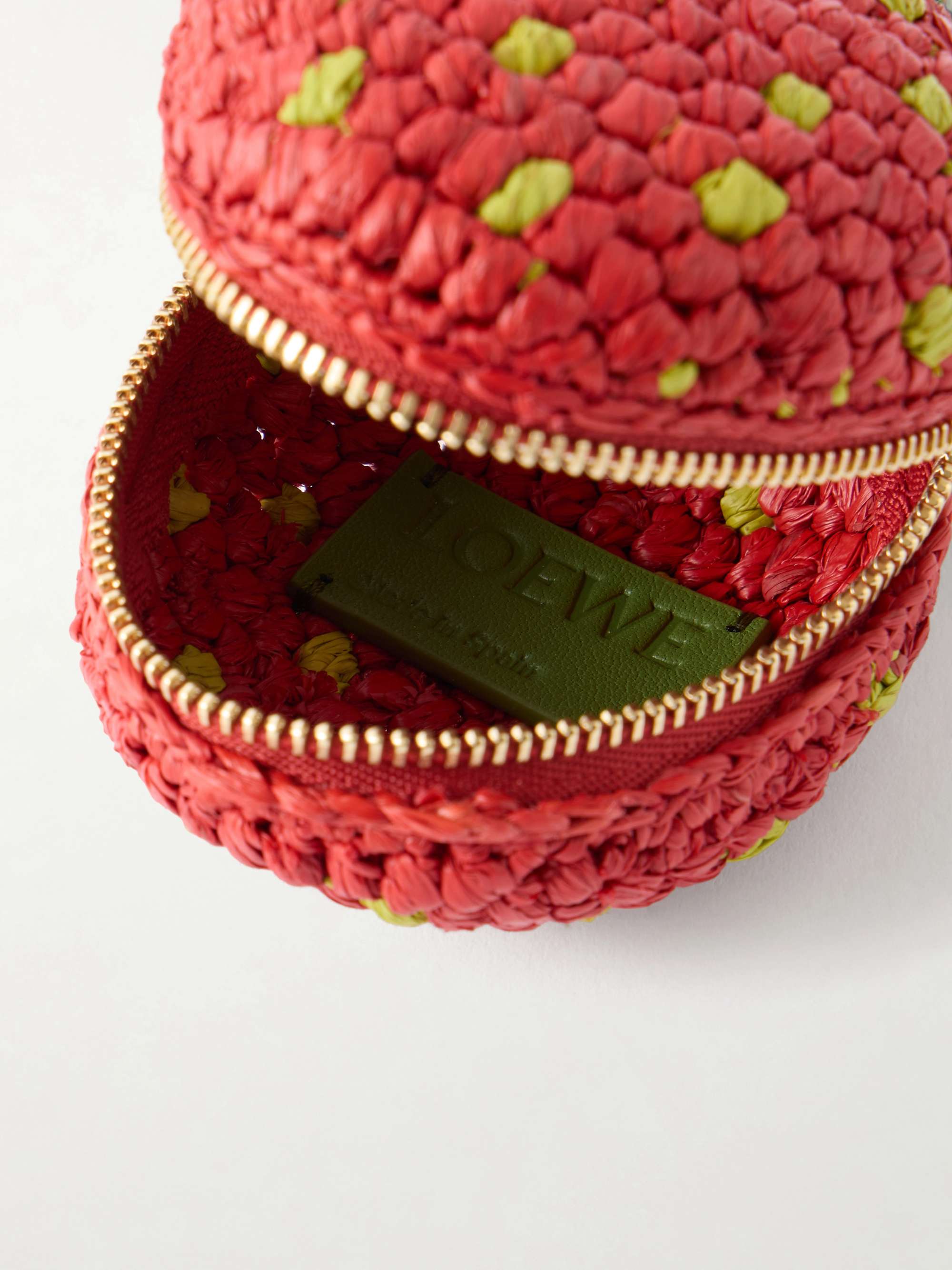 LOEWE + Paula's Ibiza Strawberry leather-trimmed raffia pouch