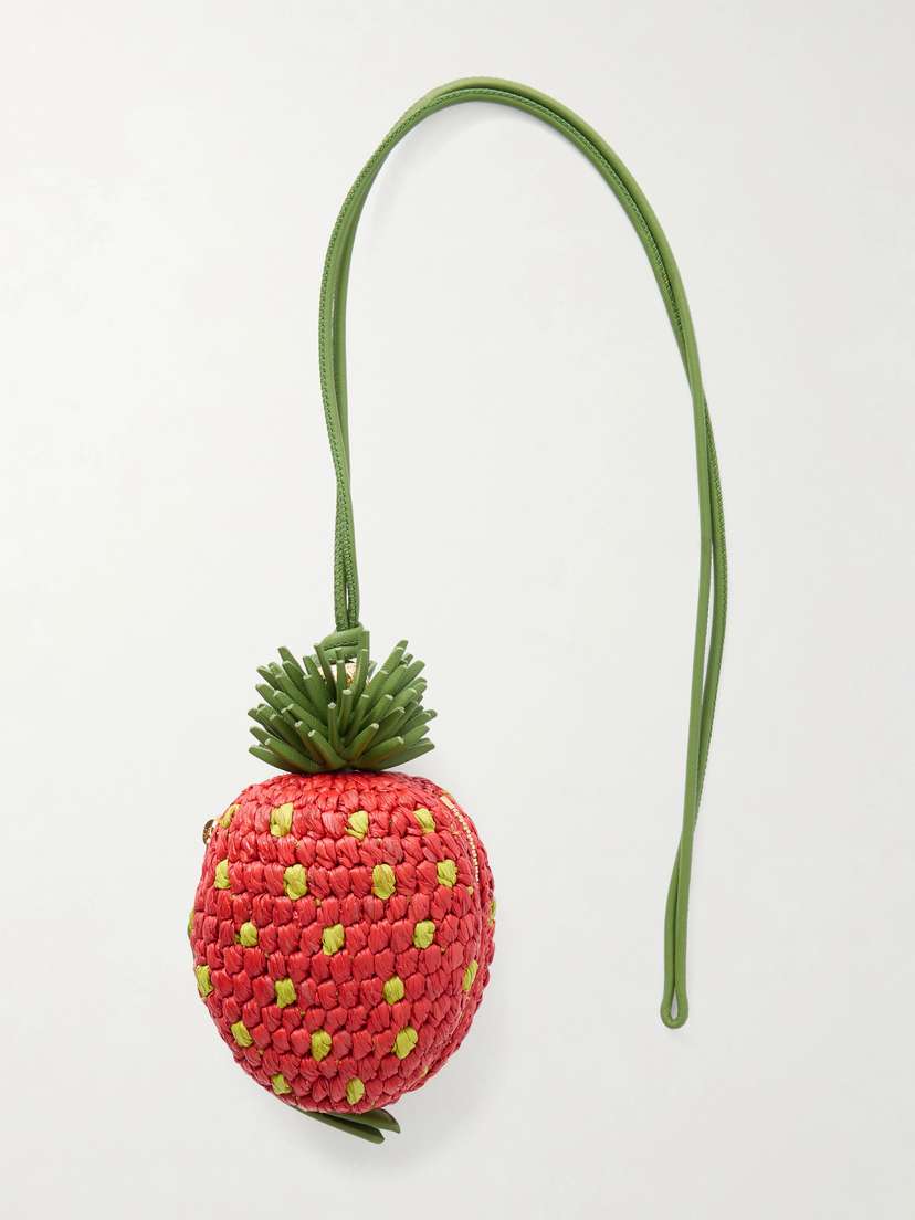 Loewe + Paula's Ibiza Strawberry Leather-trimmed Raffia Pouch