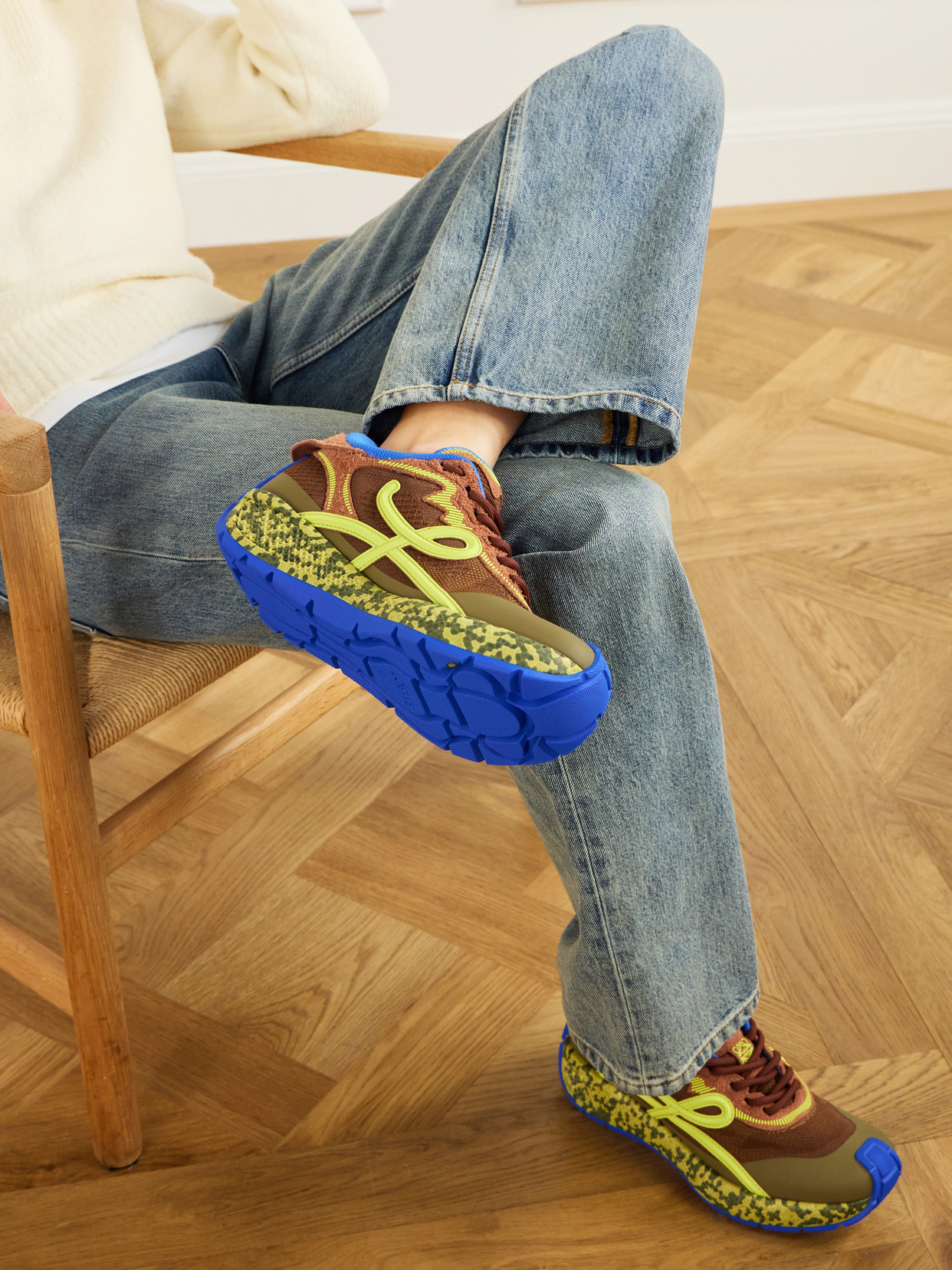 Loewe Pogo Logo-detailed Suede-trimmed Knitted Sneakers In Brown