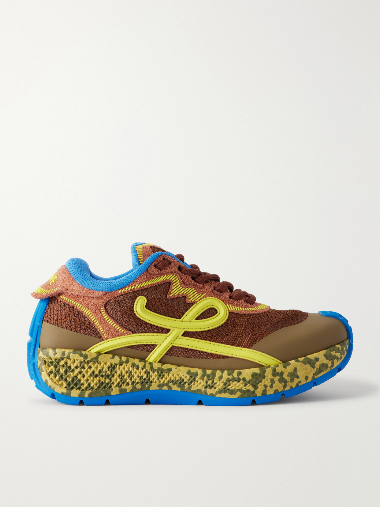 Loewe Pogo Logo-detailed Suede-trimmed Knitted Sneakers In Brown