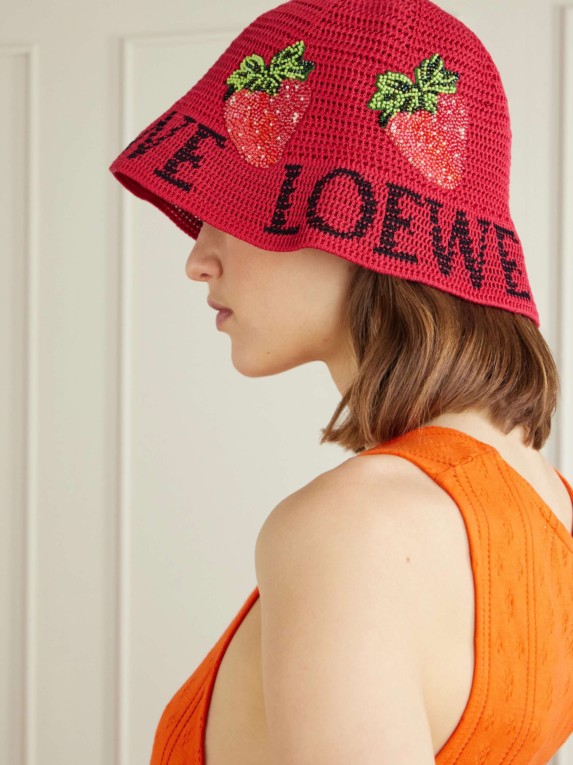 LOEWE + Paula's Ibiza Strawberry embellished cotton bucket hat
