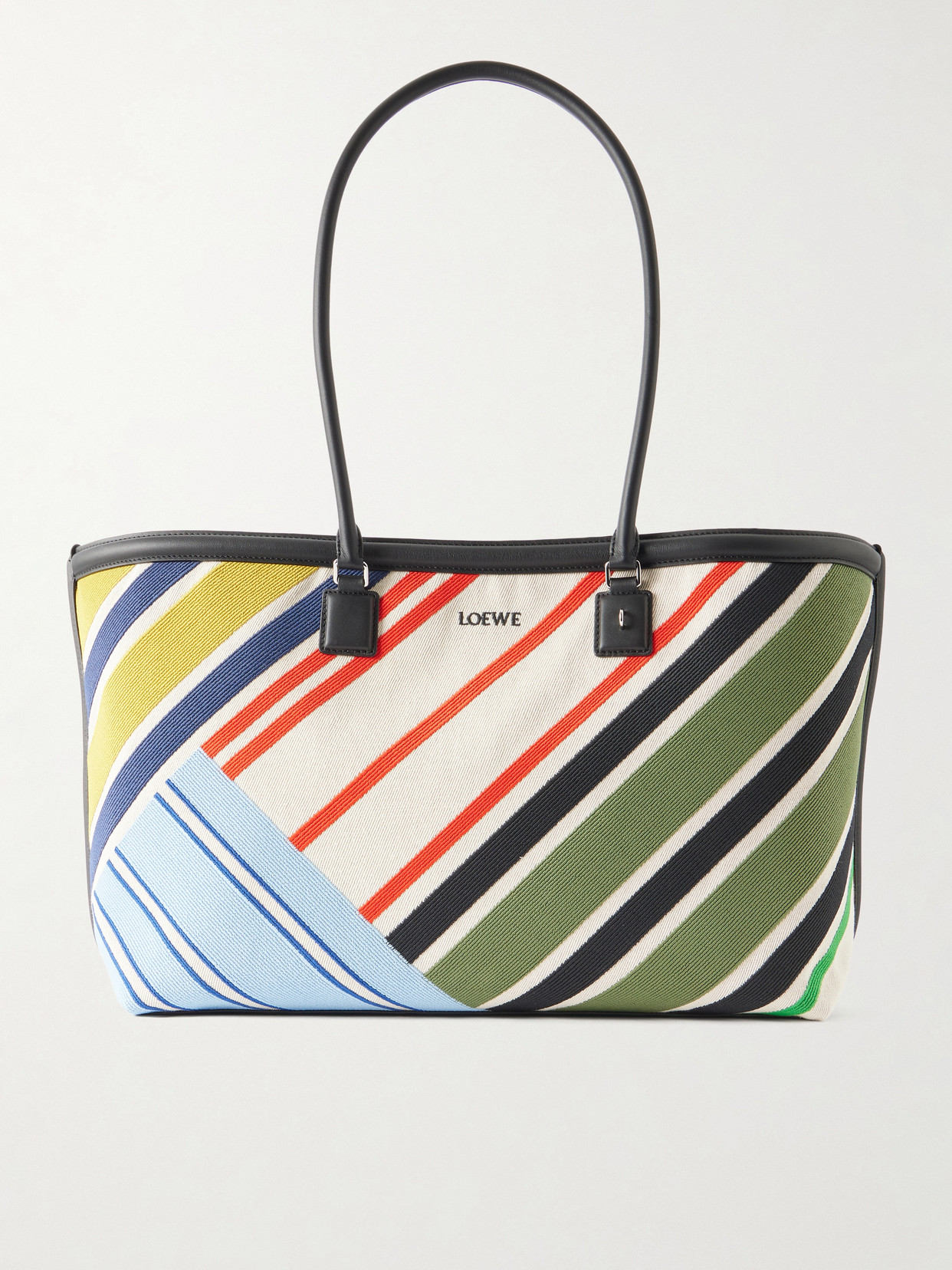 Loewe Verano Logo-embroidered Striped Leather-trimmed Canvas Tote In Blue
