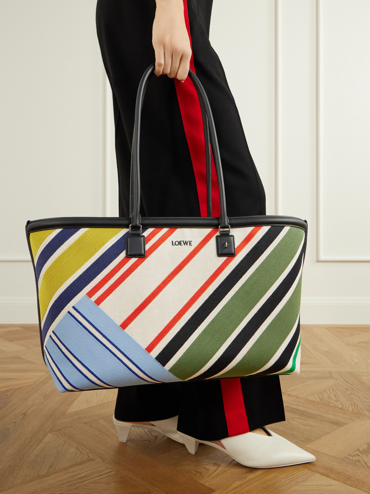 Verano Logo-Embroidered Striped Leather-Trimmed Canvas Tote