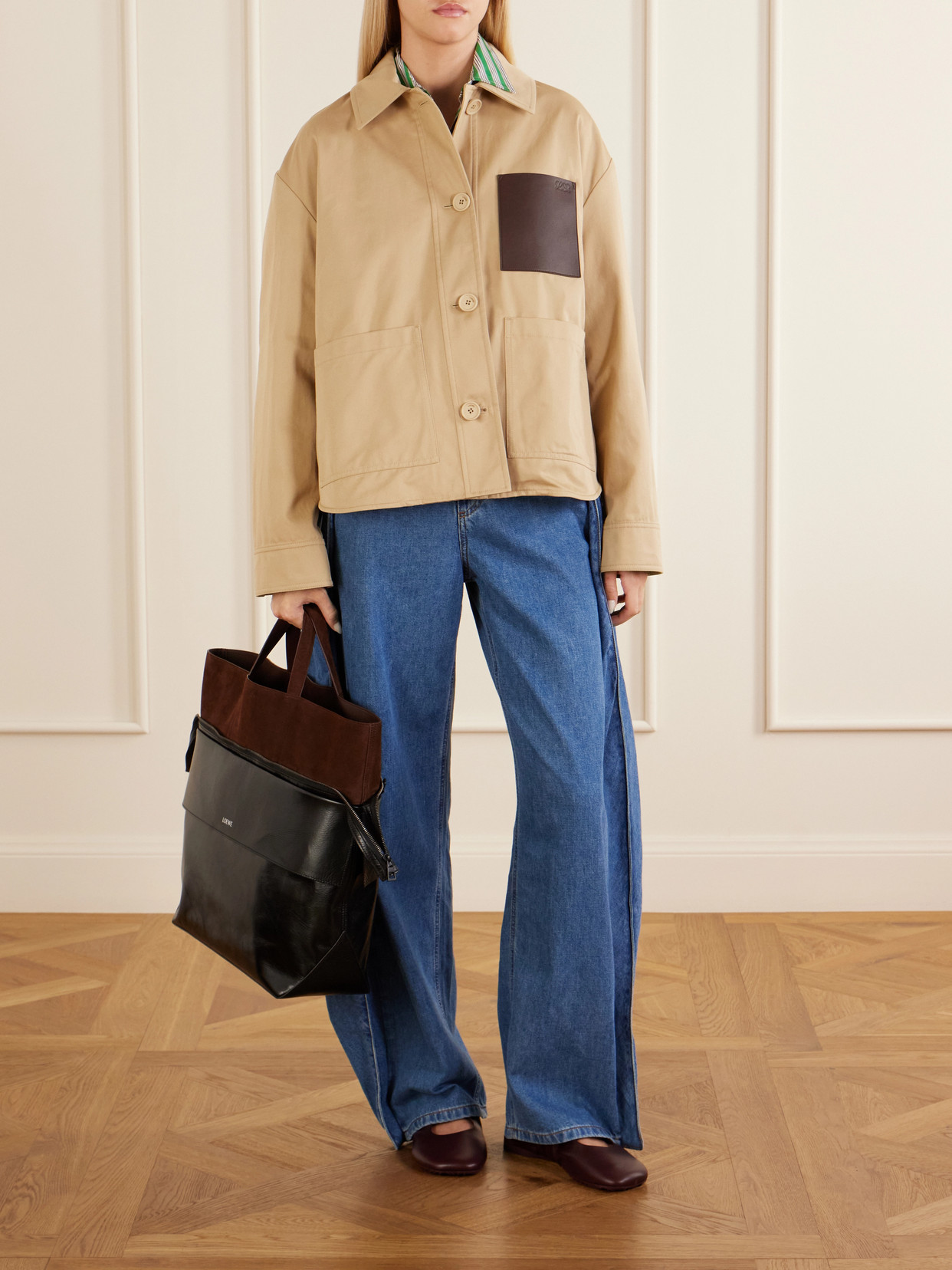 Switch Large Suede-Trimmed Crinkled Leather Tote