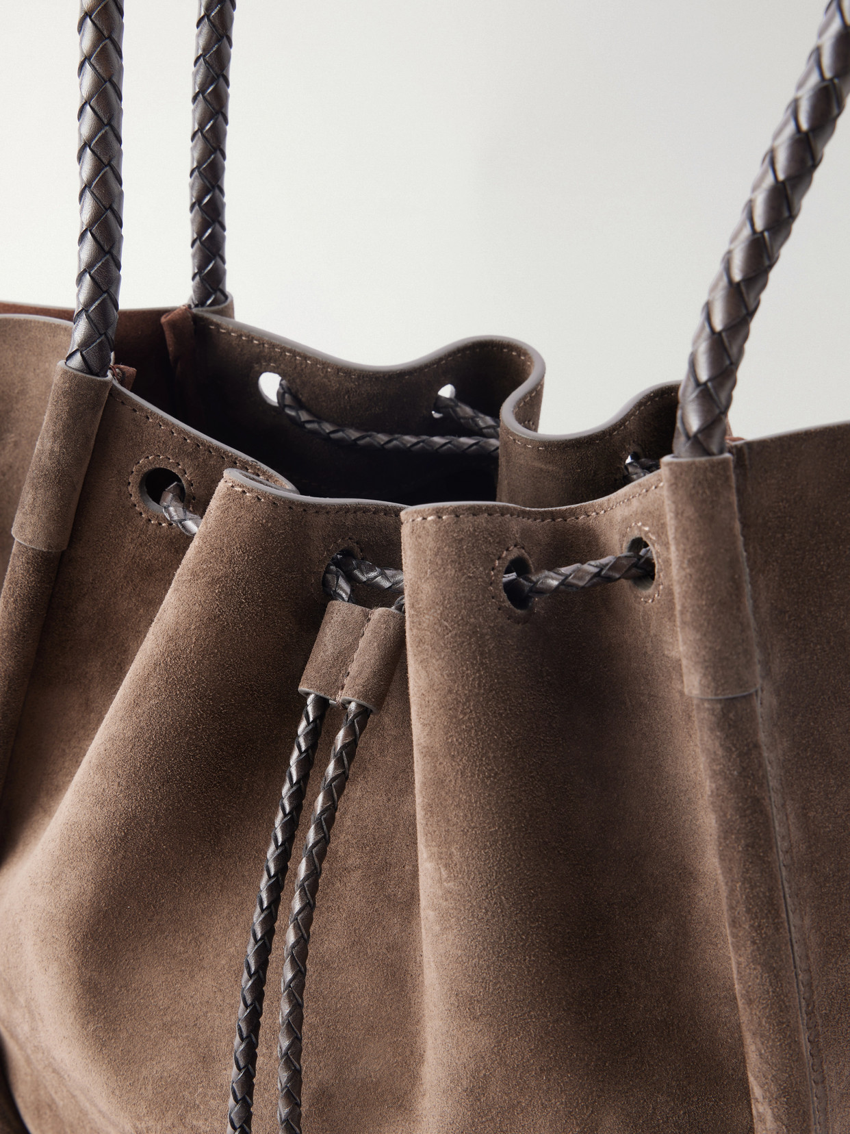 Large Ruched Leather-Trimmed Suede Tote