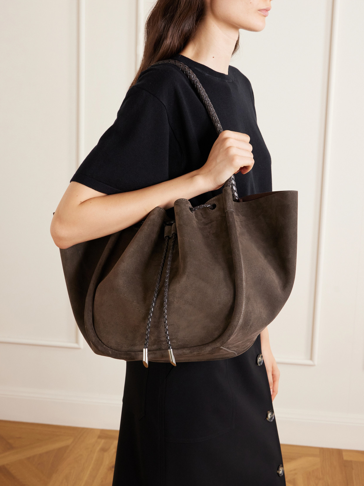 Large Ruched Leather-Trimmed Suede Tote
