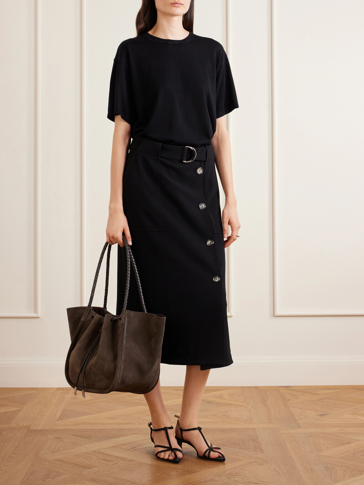 Large Ruched Leather-Trimmed Suede Tote