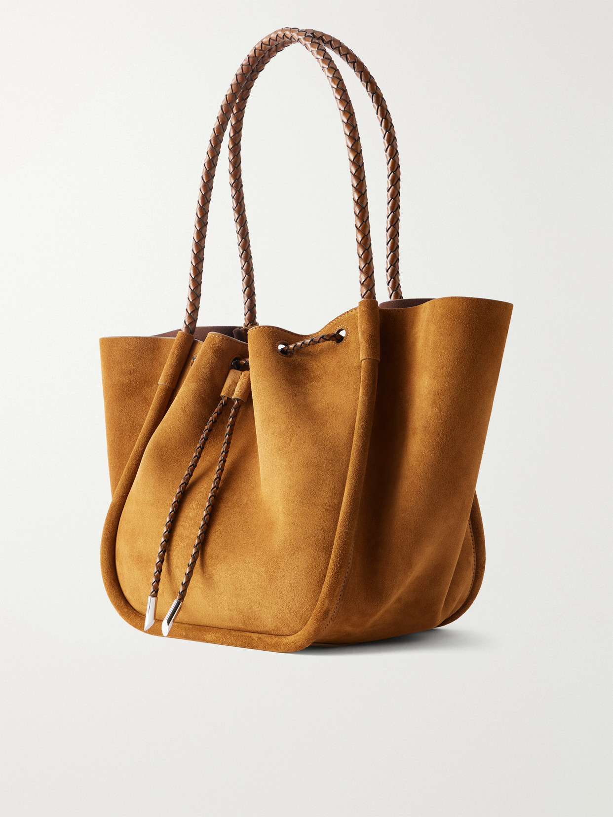 Large Leather-Trimmed Ruched Suede Tote
