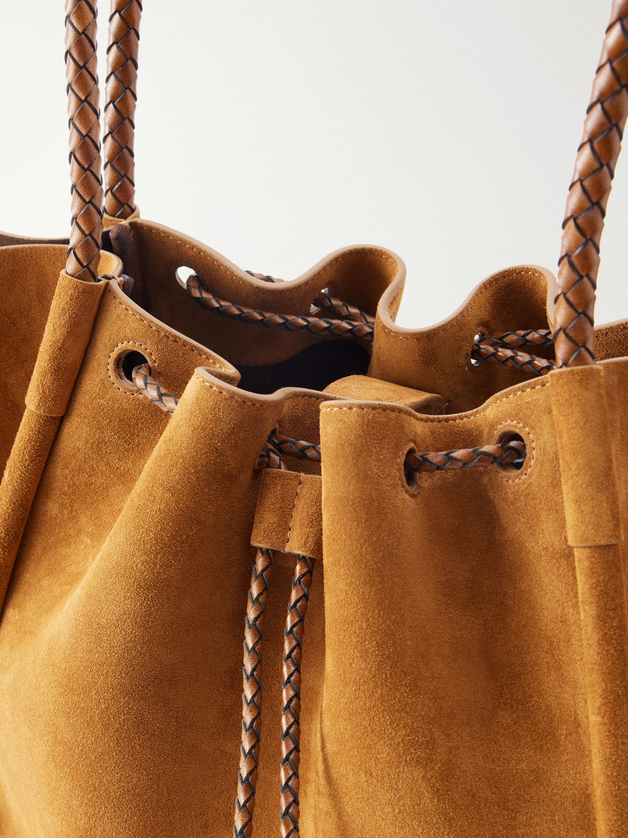 Large Leather-Trimmed Ruched Suede Tote