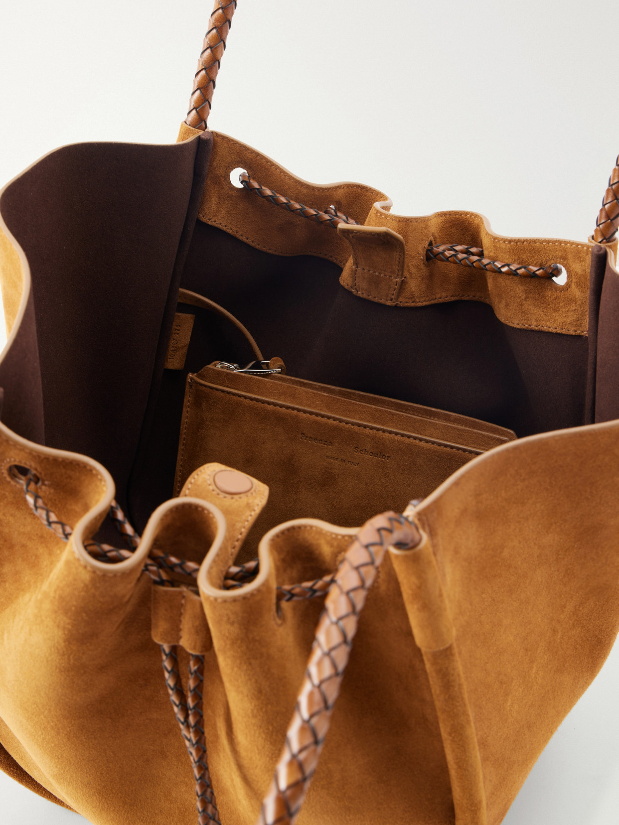 Large Leather-Trimmed Ruched Suede Tote
