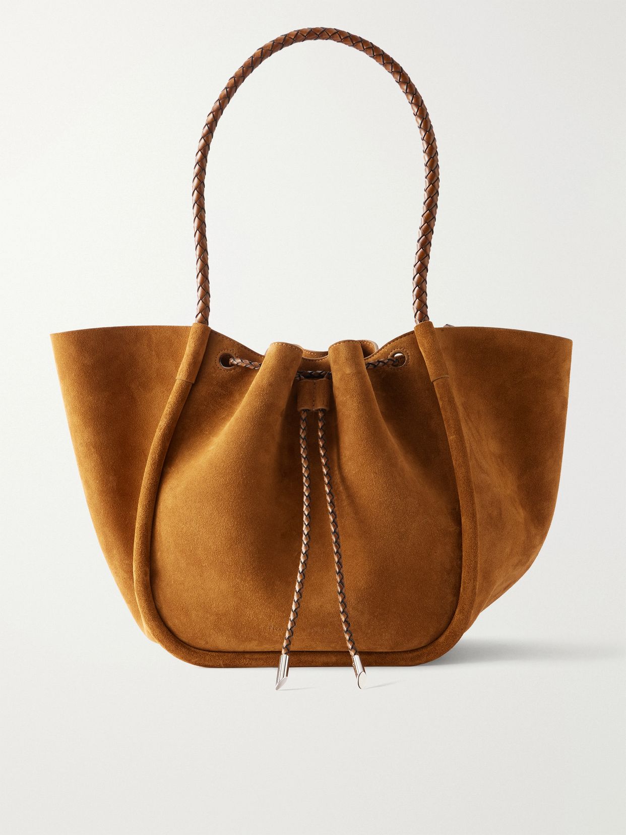 Large leather-trimmed ruched suede tote