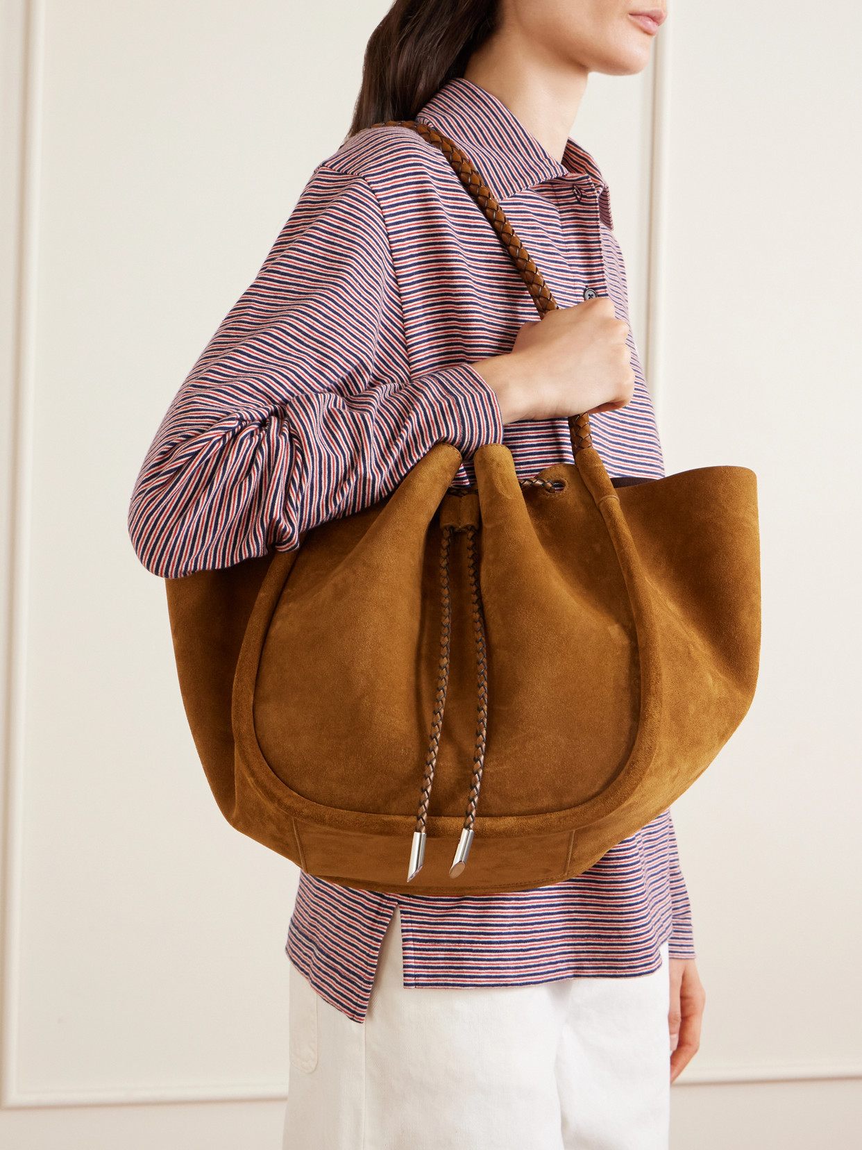 Large Leather-Trimmed Ruched Suede Tote