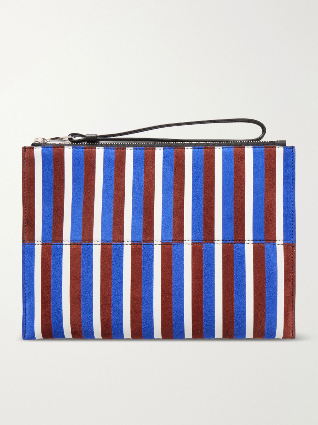 Leather intarsia leather-trimmed suede pouch