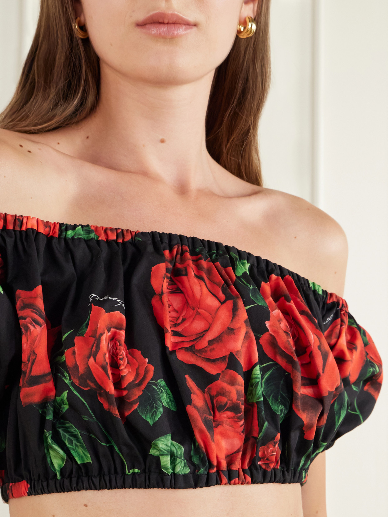 Off-The-Shoulder Cropped Floral-Print Cotton-Poplin Top