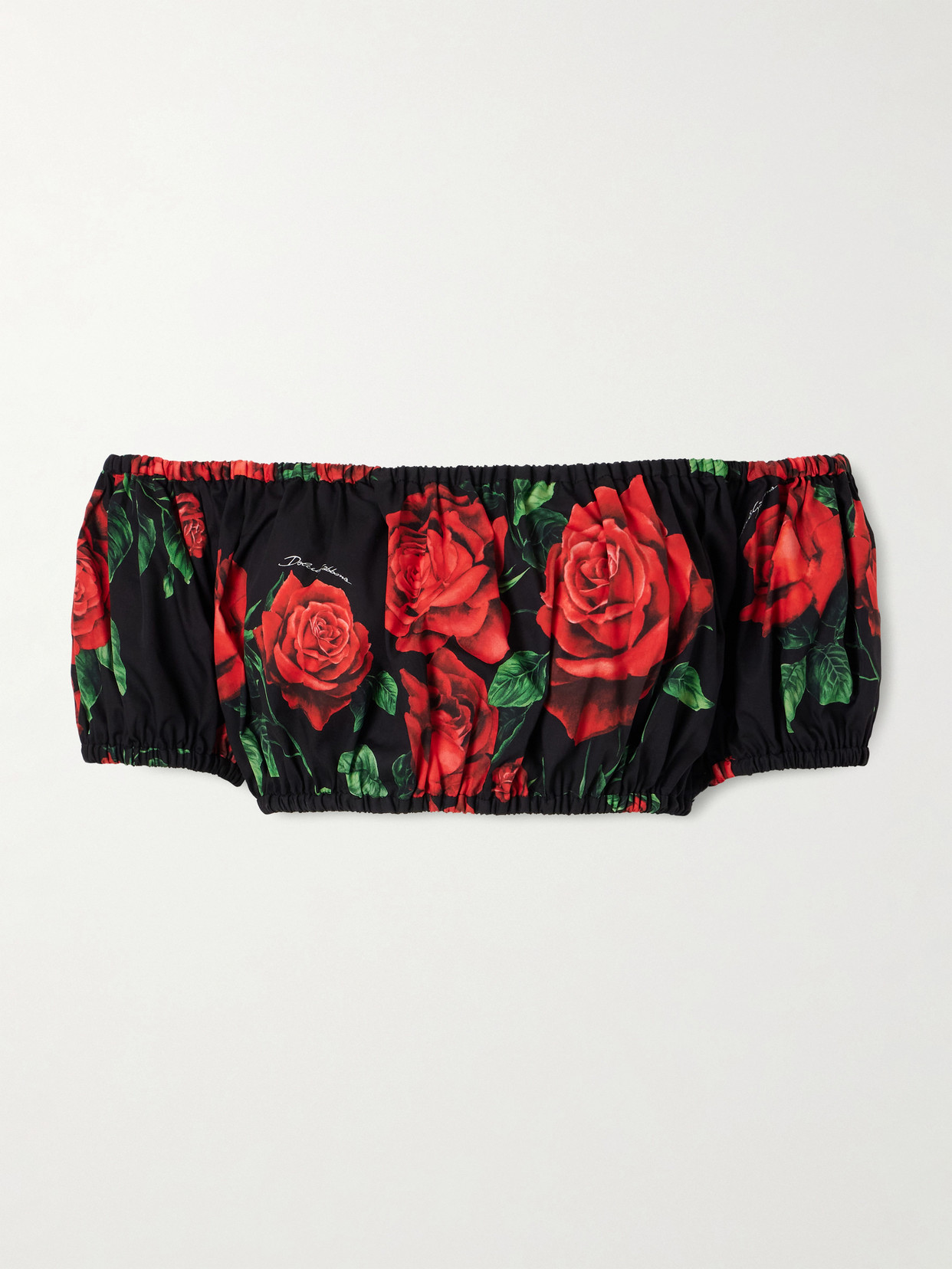 Dolce & Gabbana Off-the-shoulder Cropped Floral-print Cotton-poplin Top In Black