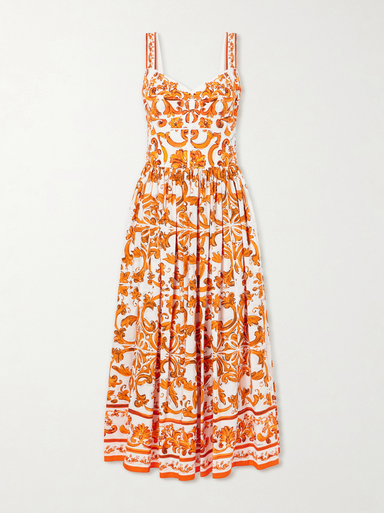 Dolce & Gabbana Pleated Printed Cotton-poplin Midi Dress In Orange