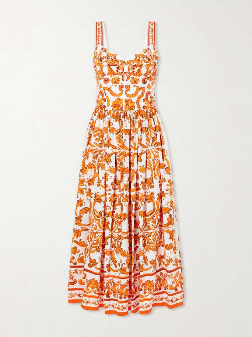 Dolce & Gabbana Pleated Printed Cotton-poplin Midi Dress