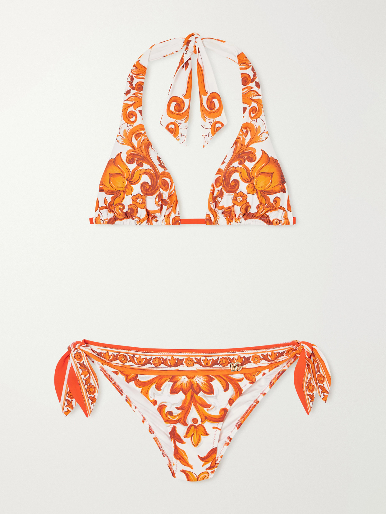 Dolce & Gabbana Maiolica Knotted Printed Halterneck Bikini In Orange