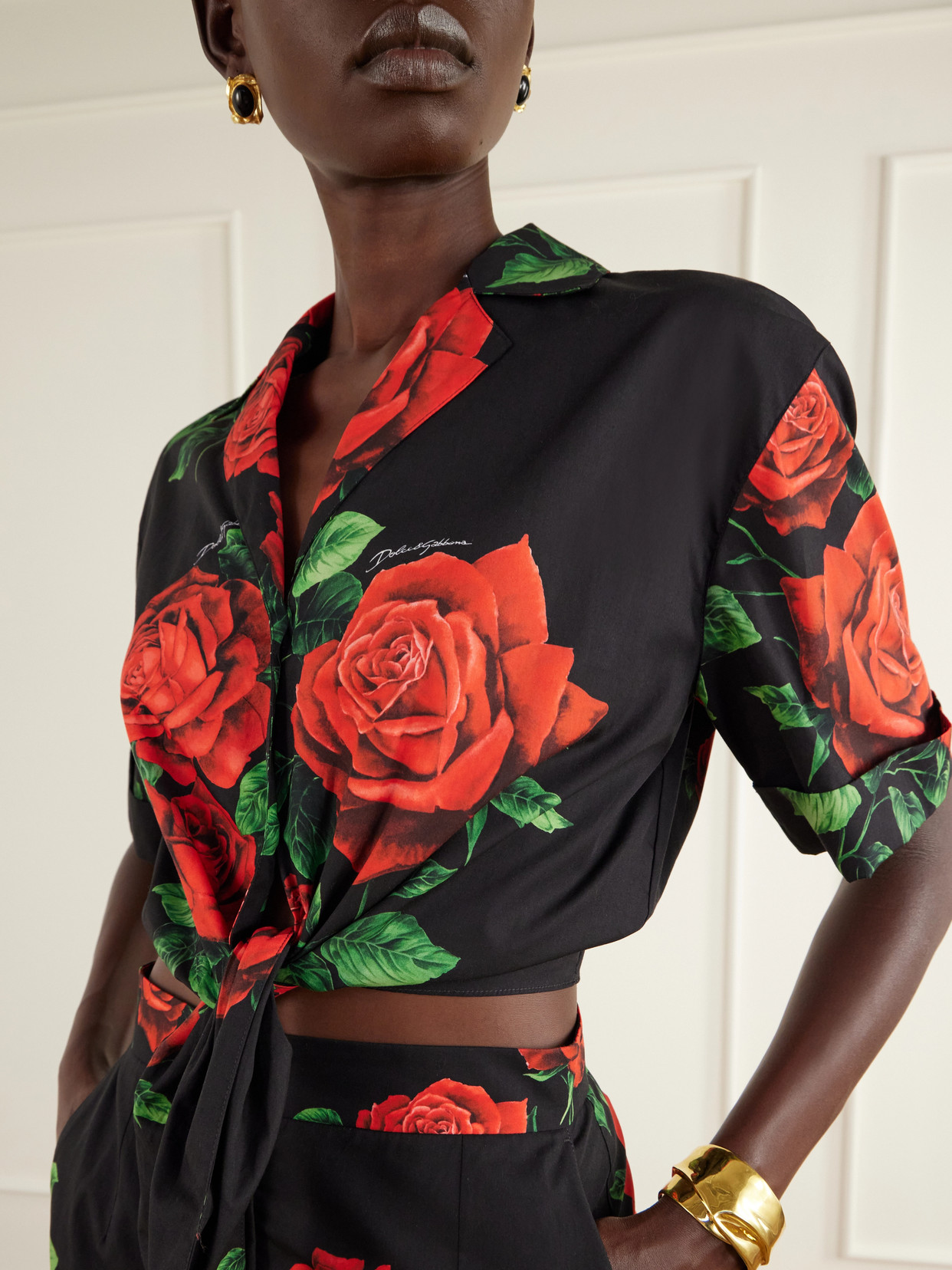 Tie-Detailed Floral-Printed Cotton-Poplin Cropped Shirt