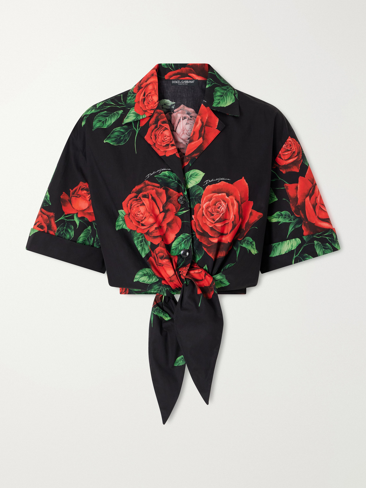 Dolce & Gabbana Tie-detailed Floral-printed Cotton-poplin Cropped Shirt In Black