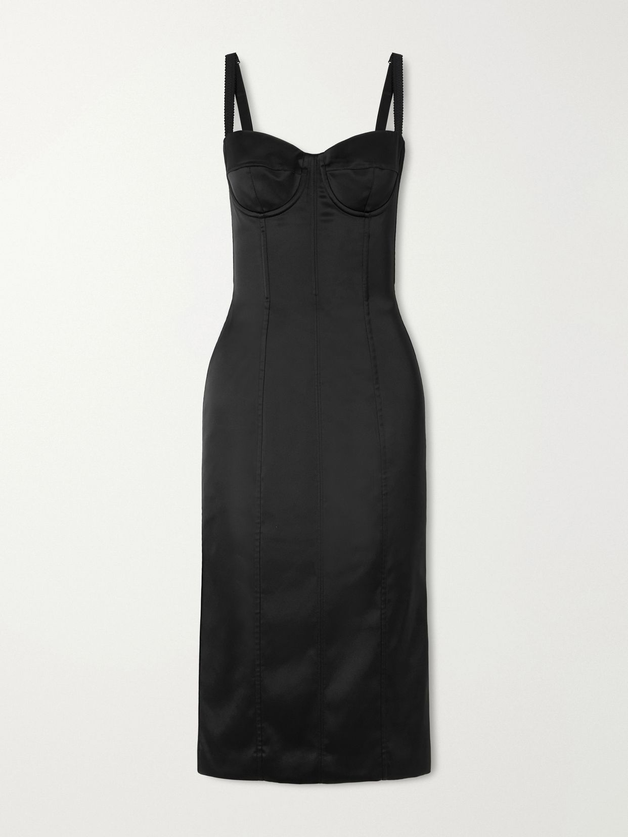 paneled satin bustier midi dress